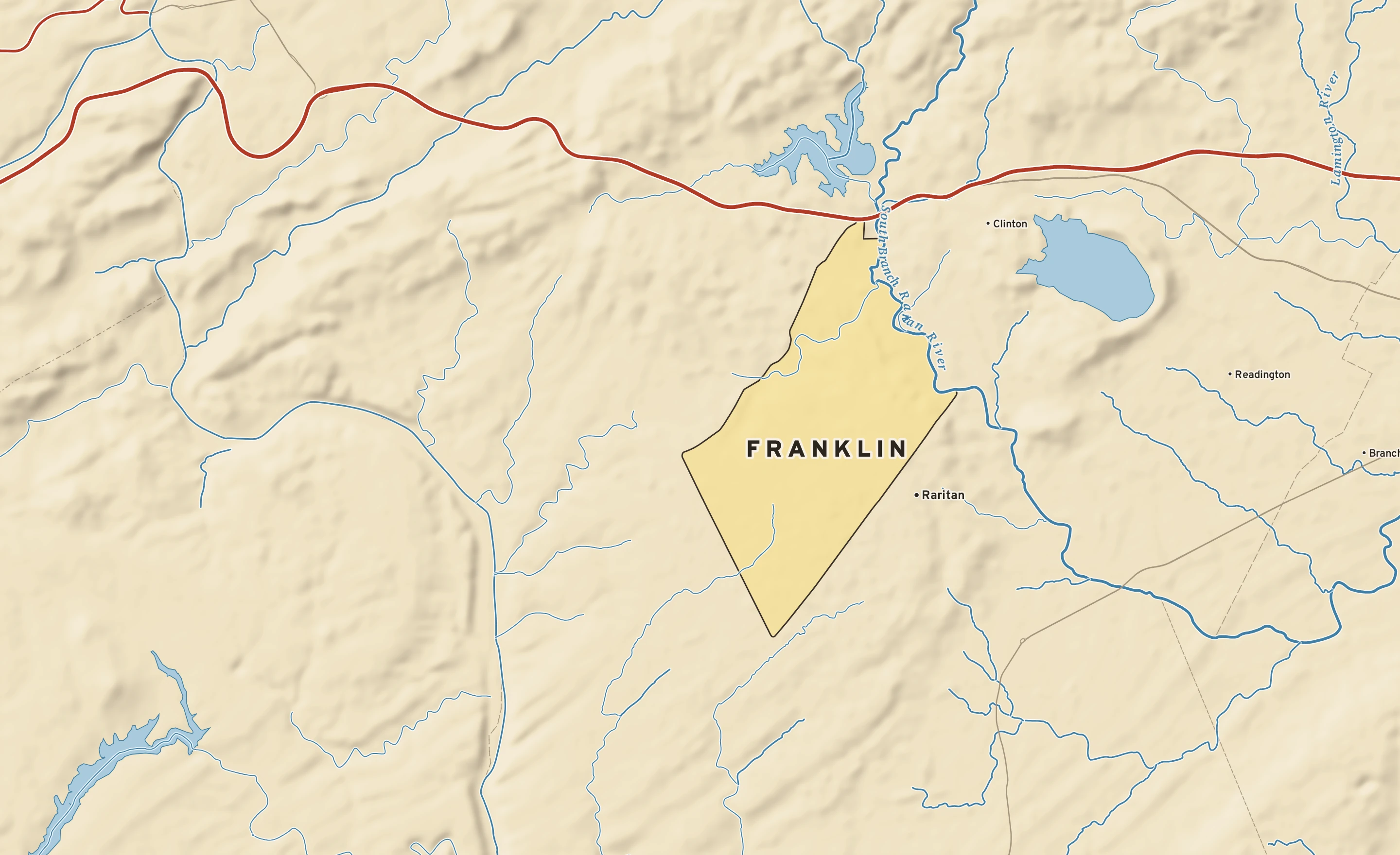 Shaded-relief atlas plate of Franklin, New Jersey: rivers, roads, the city limits and where the water drains.
