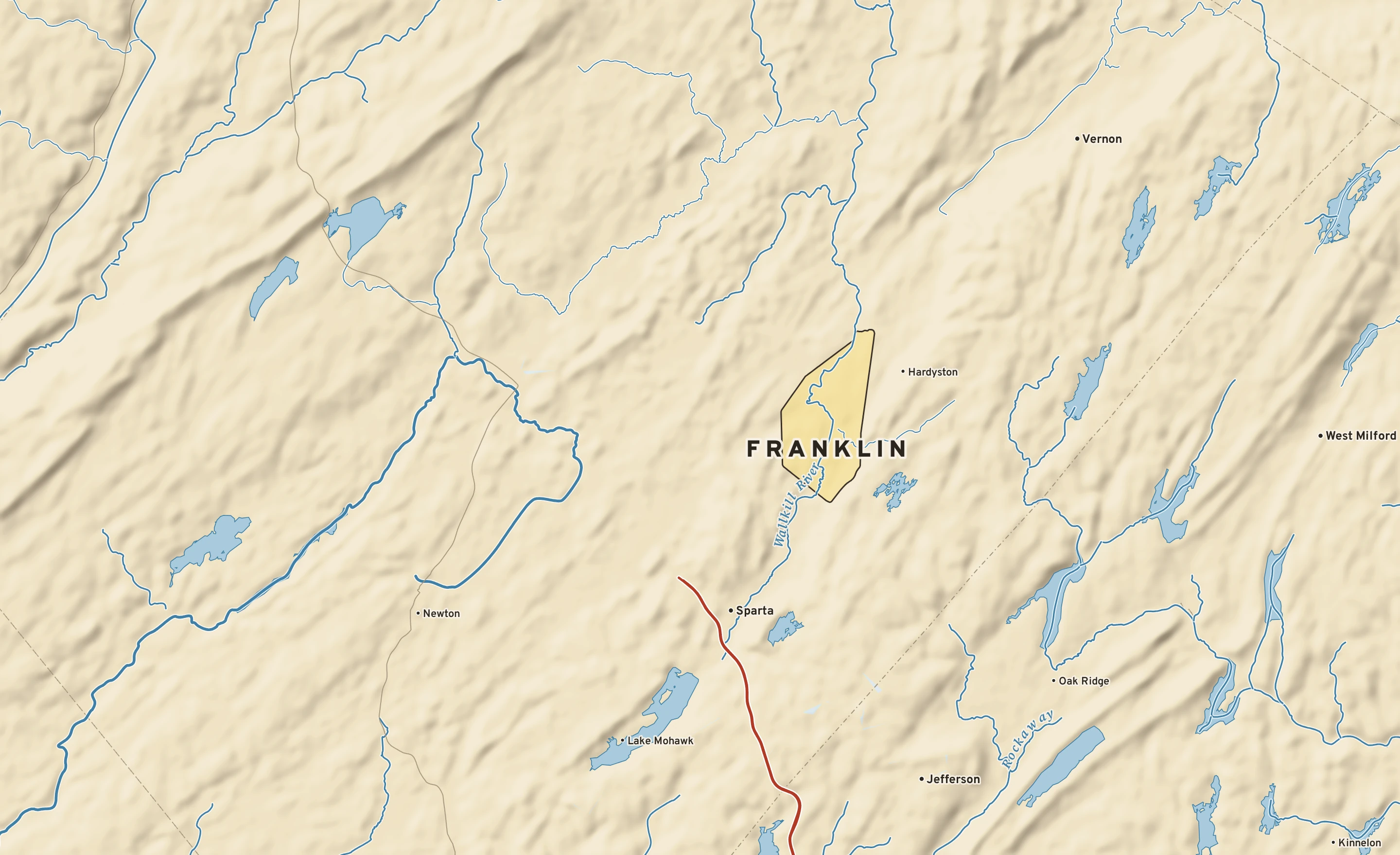 Shaded-relief atlas plate of Franklin, New Jersey: rivers, roads, the city limits and where the water drains.