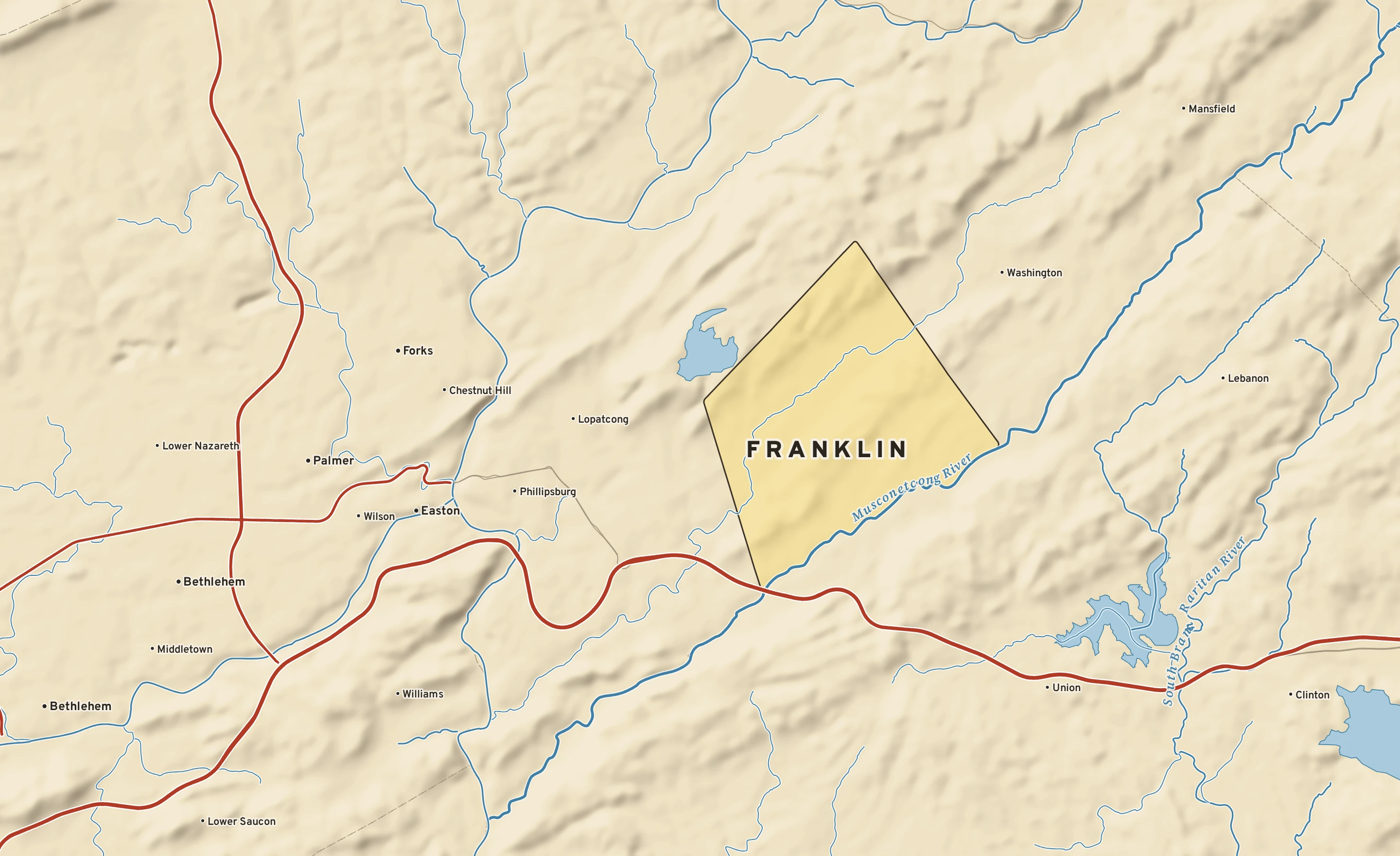 Shaded-relief atlas plate of Franklin, New Jersey: rivers, roads, the city limits and where the water drains.