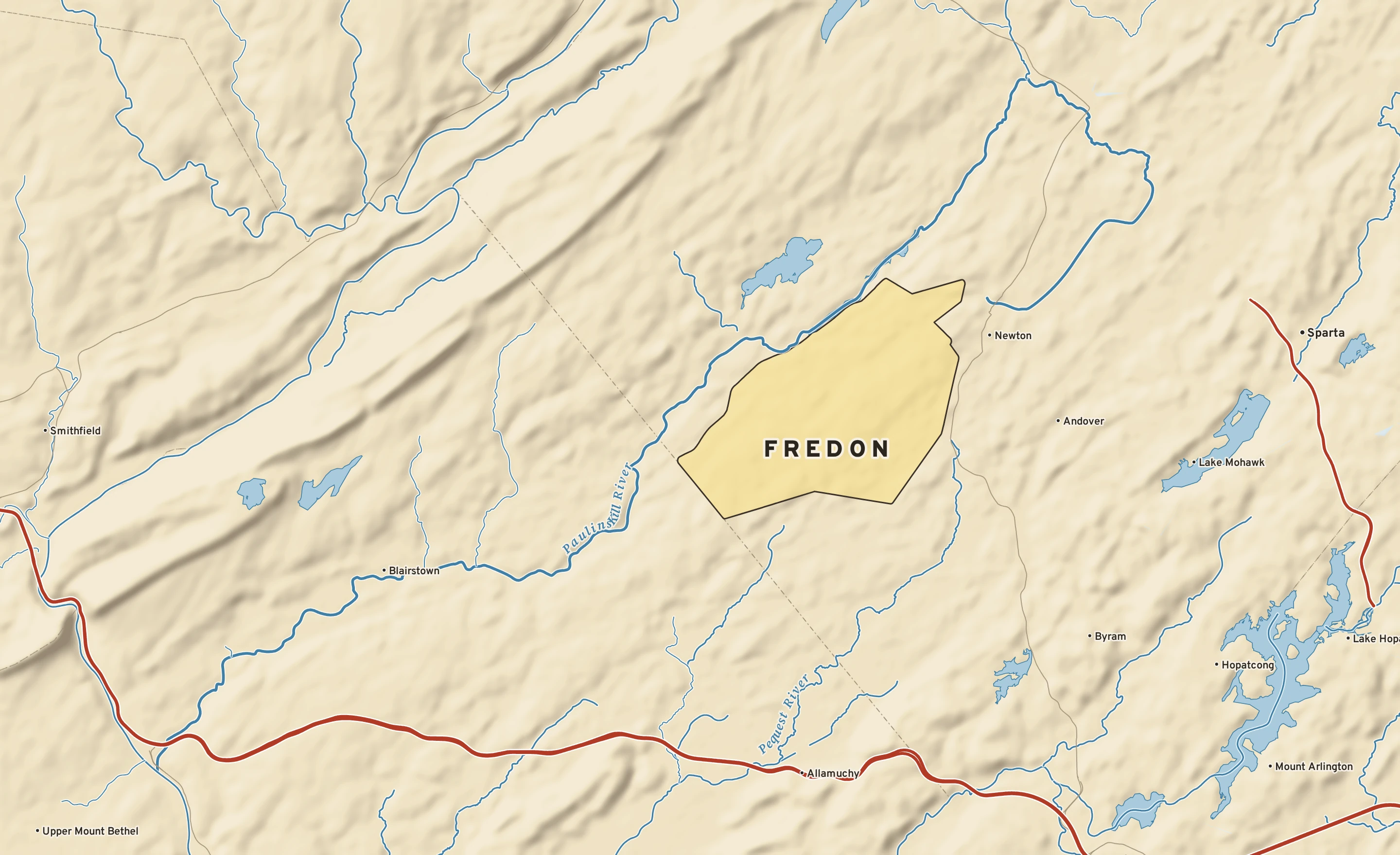 Shaded-relief atlas plate of Fredon, New Jersey: rivers, roads, the city limits and where the water drains.