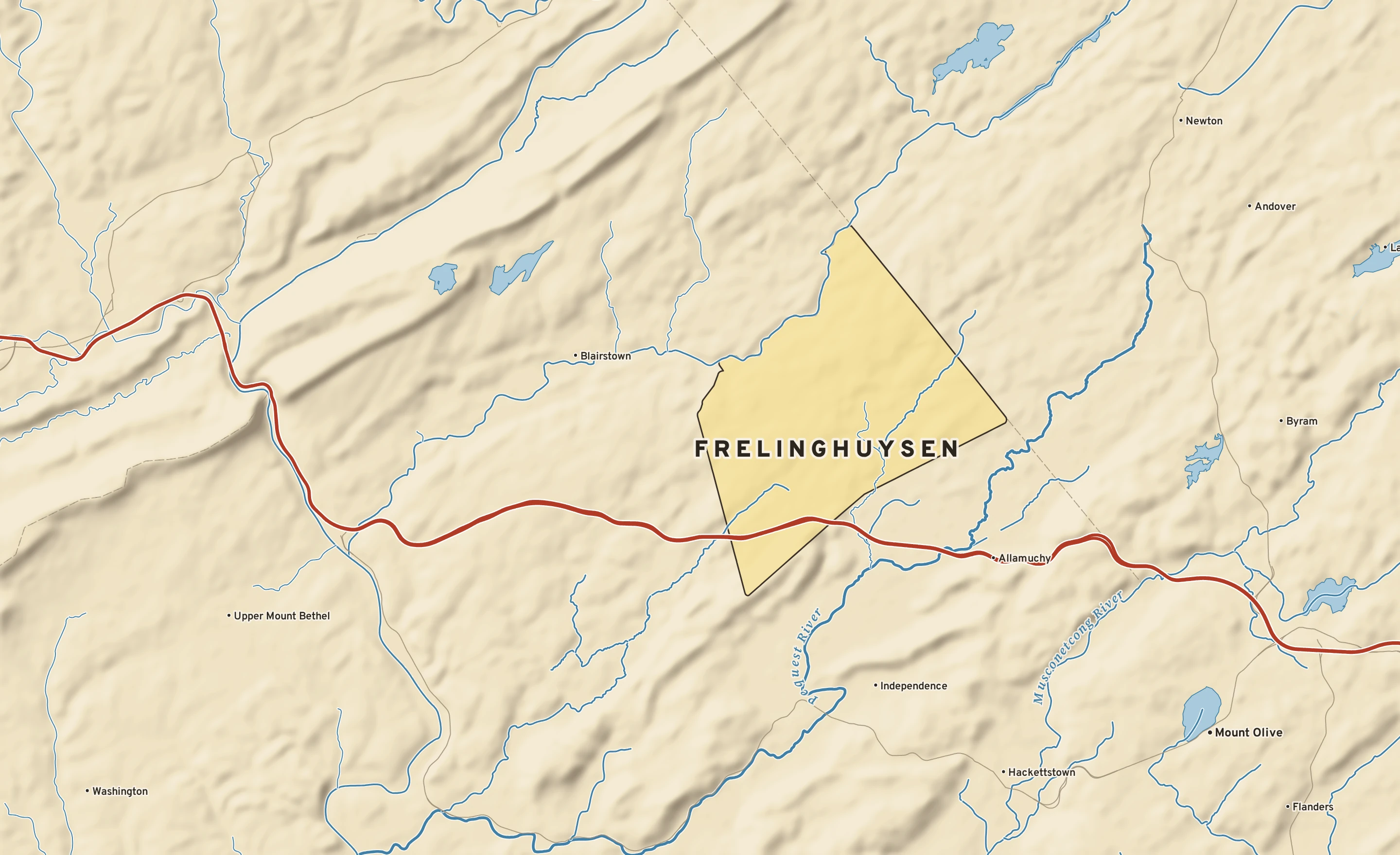 Shaded-relief atlas plate of Frelinghuysen, New Jersey: rivers, roads, the city limits and where the water drains.