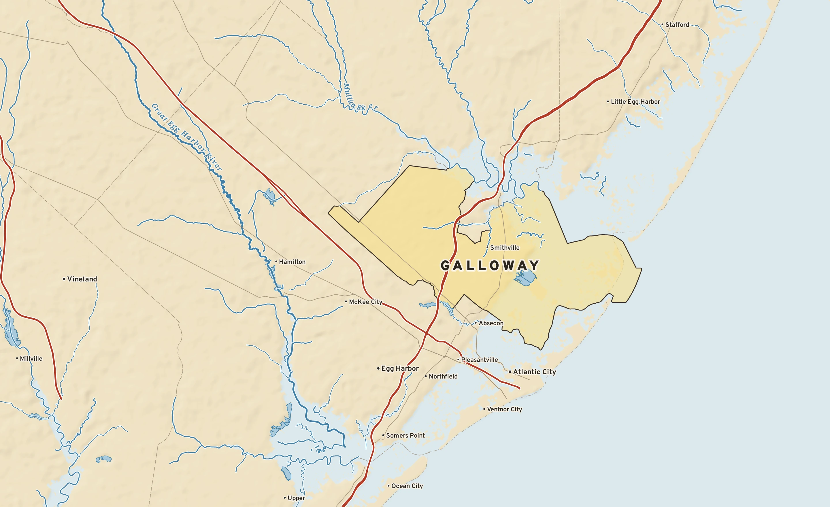 Shaded-relief atlas plate of Galloway, New Jersey: rivers, roads, the city limits and where the water drains.