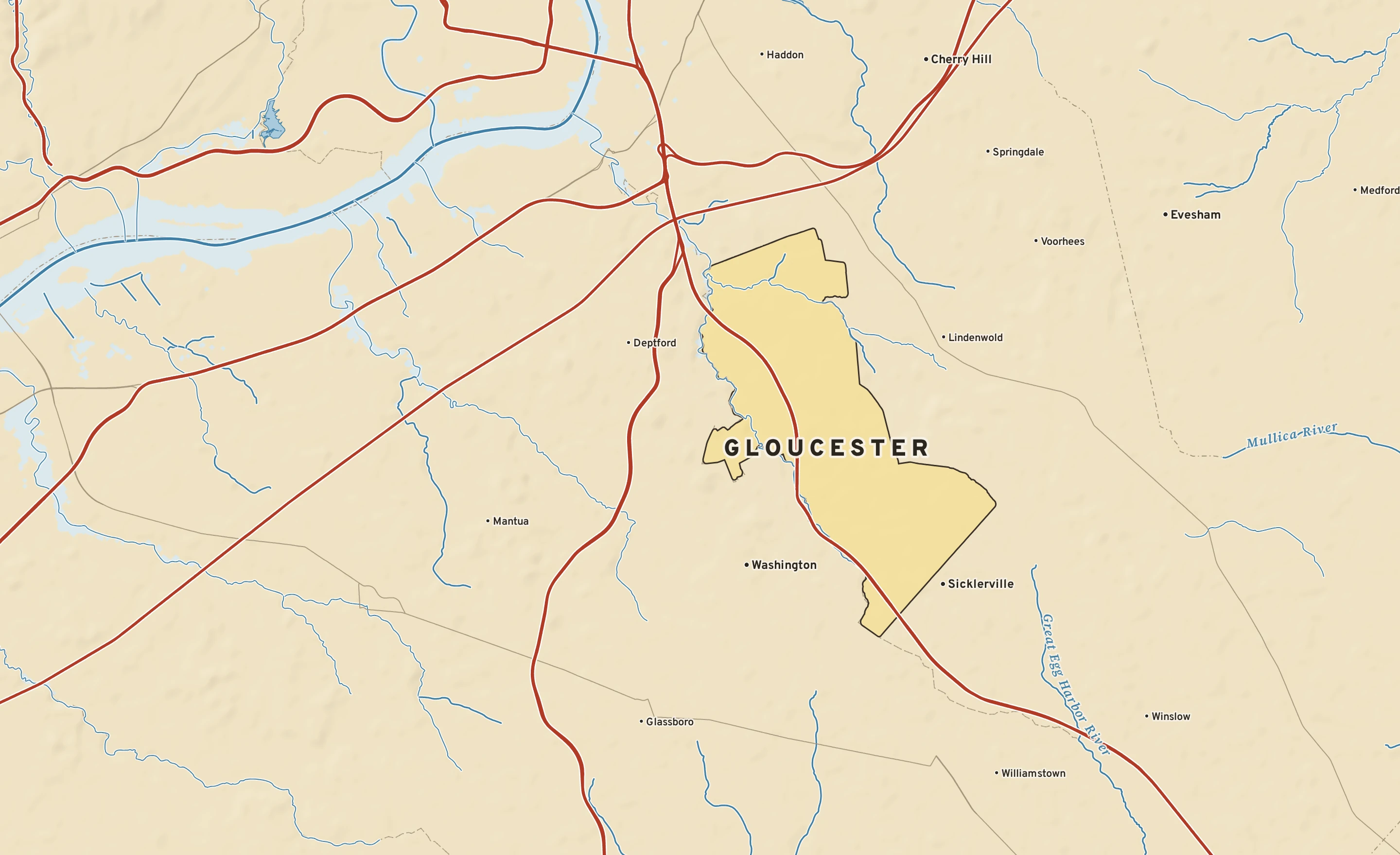 Shaded-relief atlas plate of Gloucester, New Jersey: rivers, roads, the city limits and where the water drains.