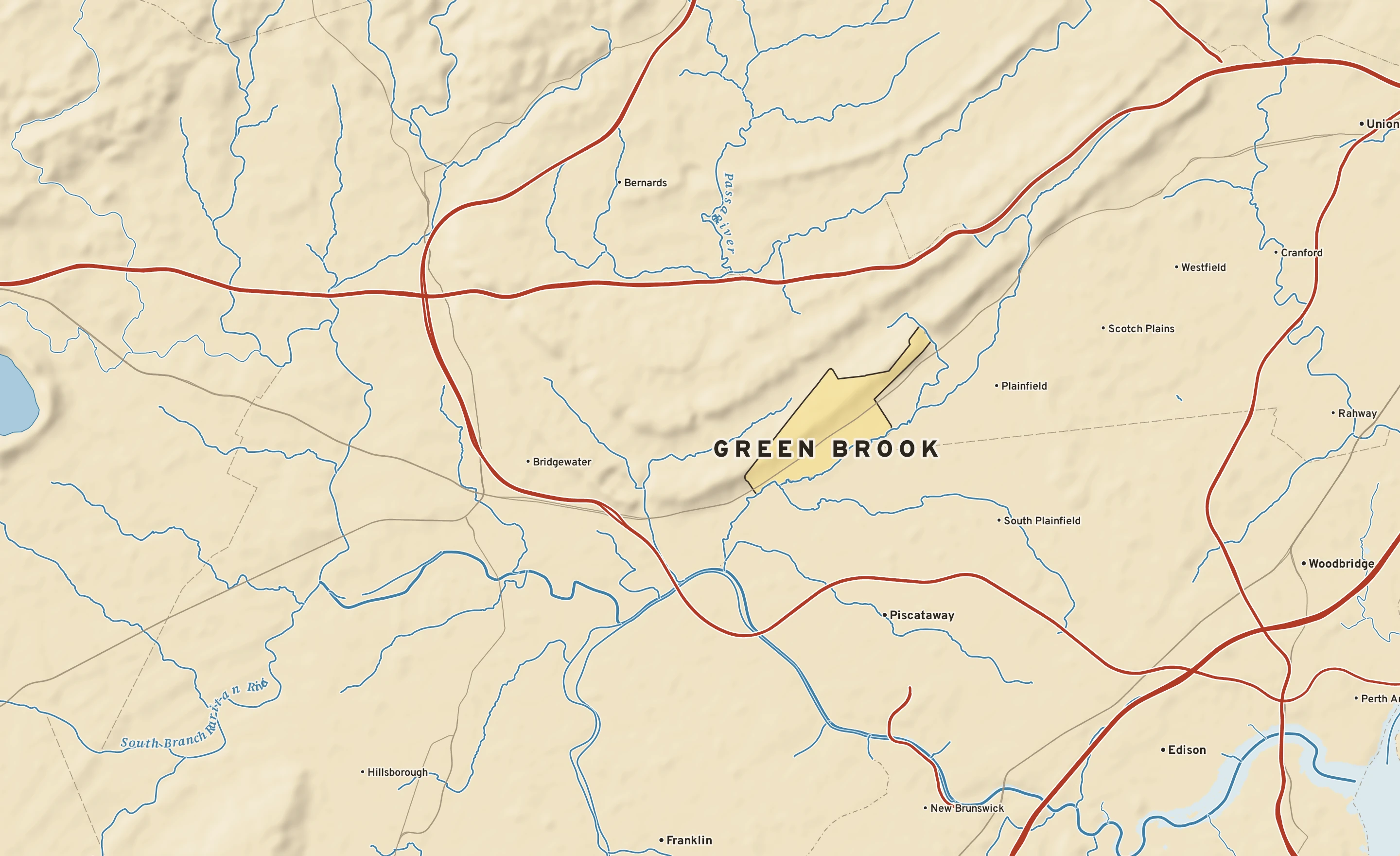 Shaded-relief atlas plate of Green Brook, New Jersey: rivers, roads, the city limits and where the water drains.