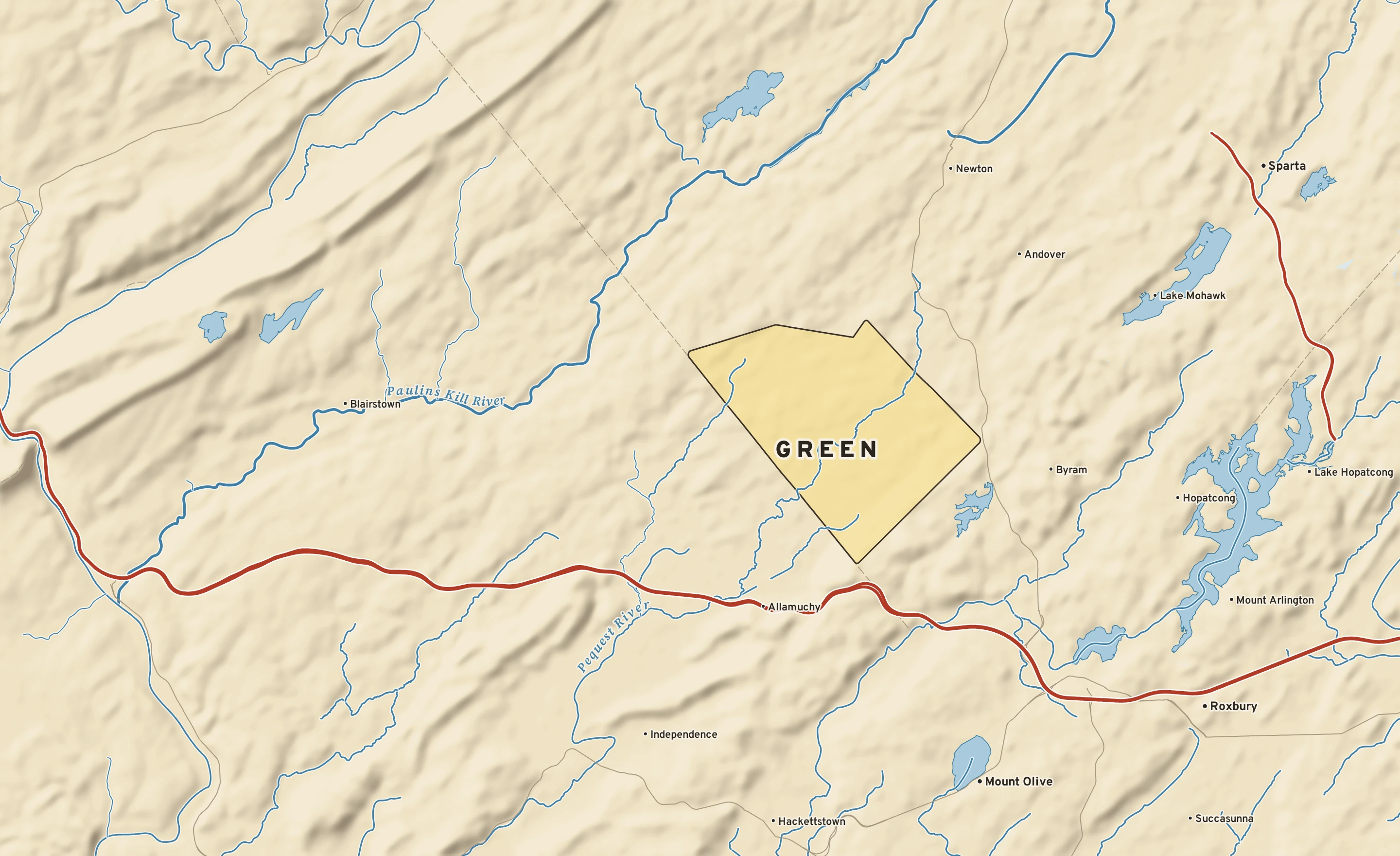 Shaded-relief atlas plate of Green, New Jersey: rivers, roads, the city limits and where the water drains.