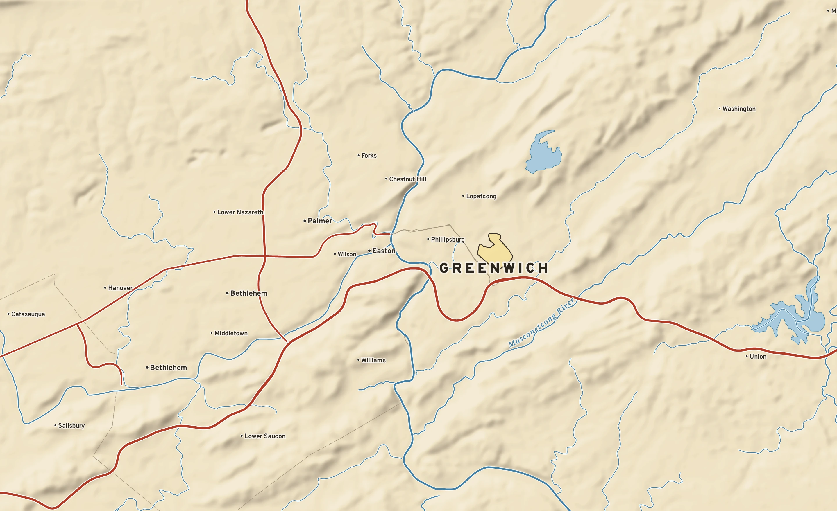 Shaded-relief atlas plate of Greenwich, New Jersey: rivers, roads, the city limits and where the water drains.