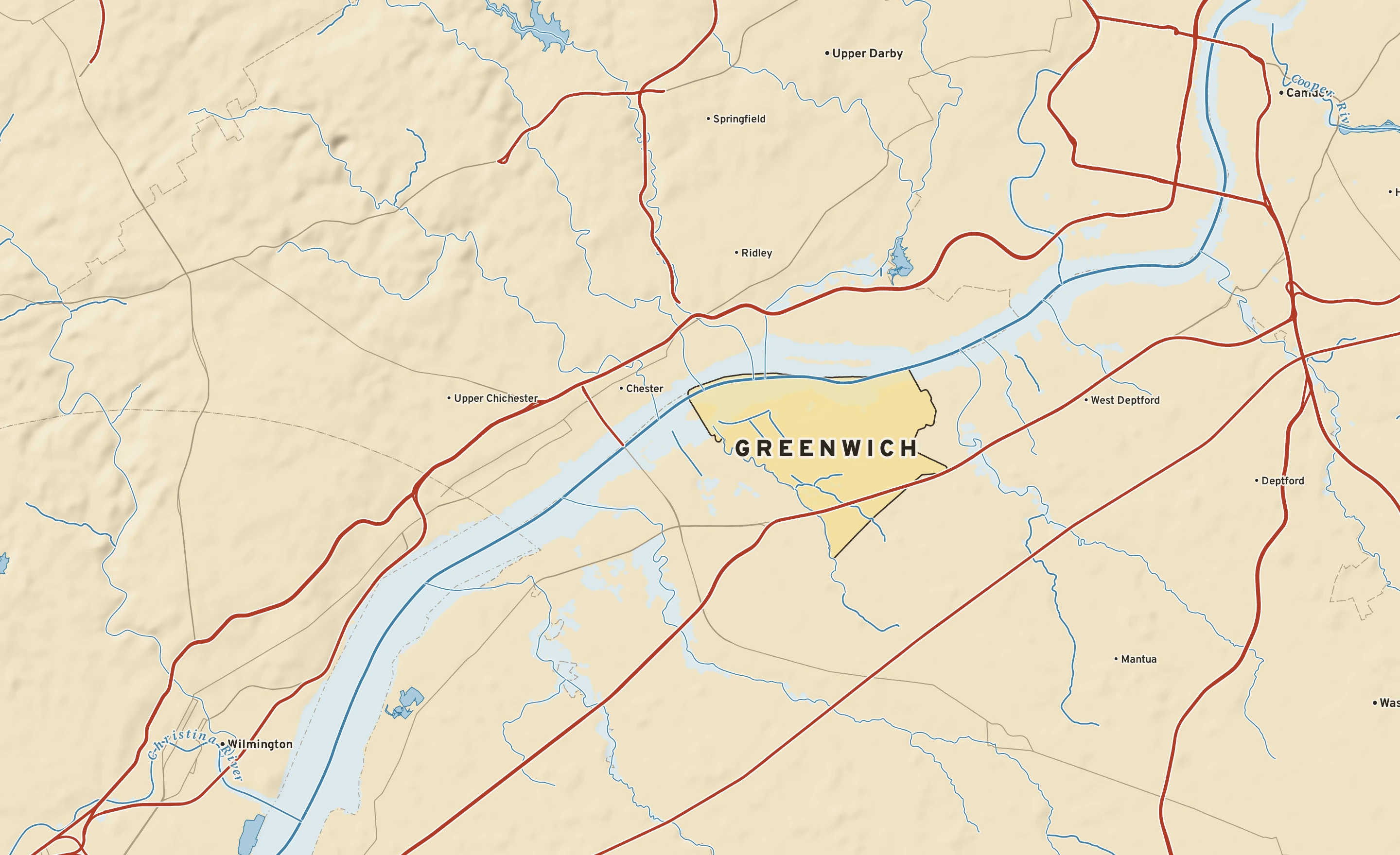 Shaded-relief atlas plate of Greenwich, New Jersey: rivers, roads, the city limits and where the water drains.