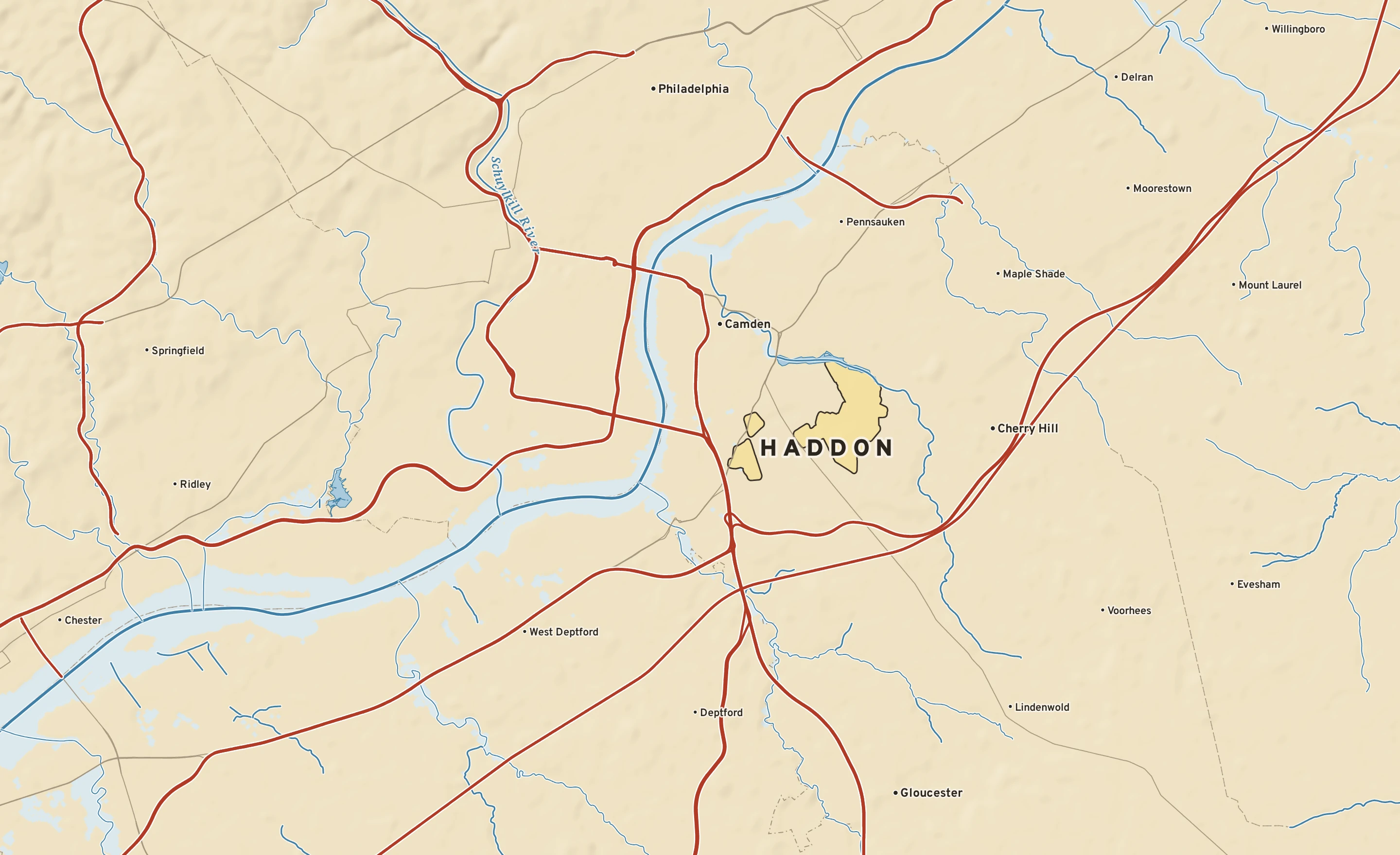 Shaded-relief atlas plate of Haddon, New Jersey: rivers, roads, the city limits and where the water drains.