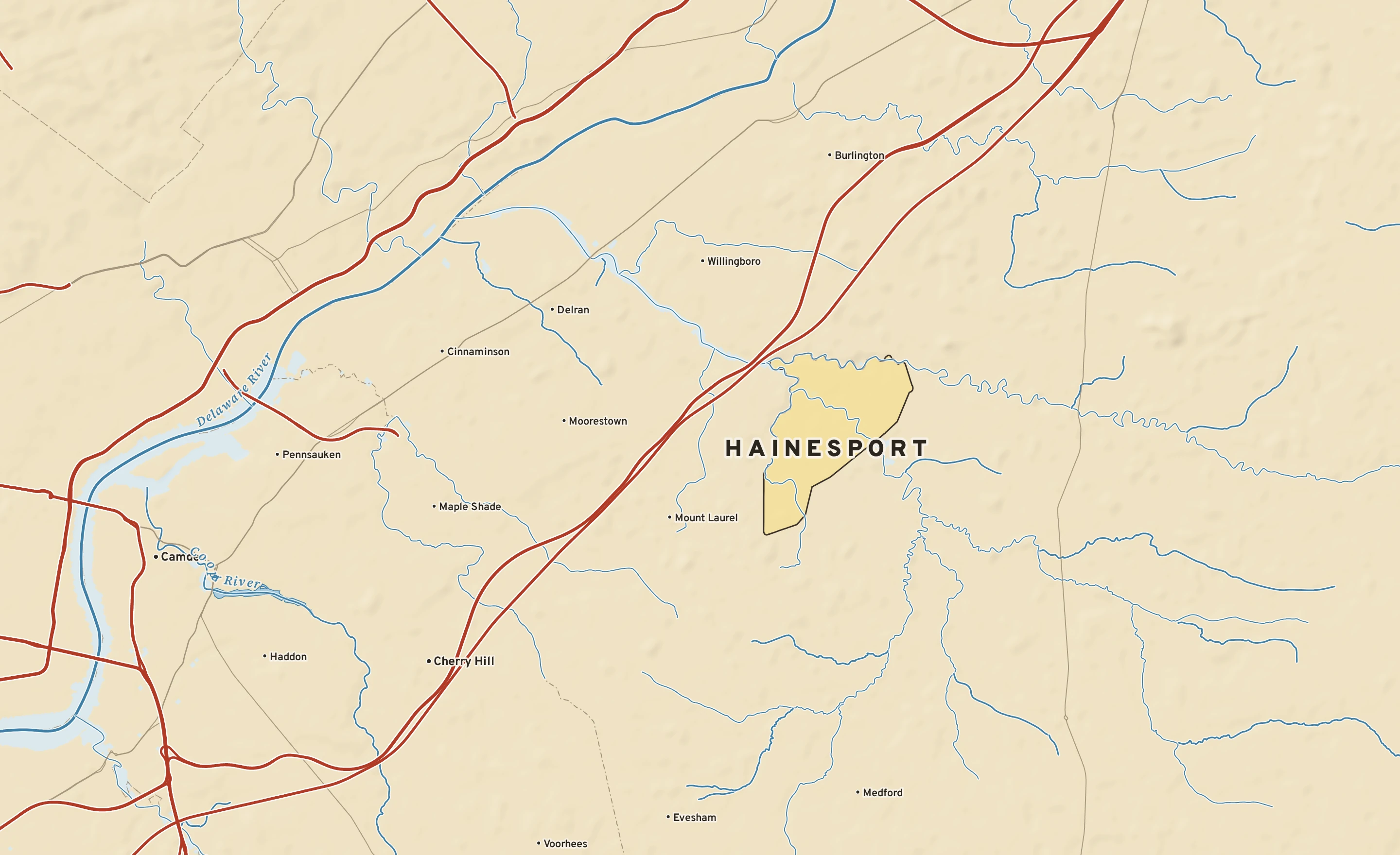 Shaded-relief atlas plate of Hainesport, New Jersey: rivers, roads, the city limits and where the water drains.