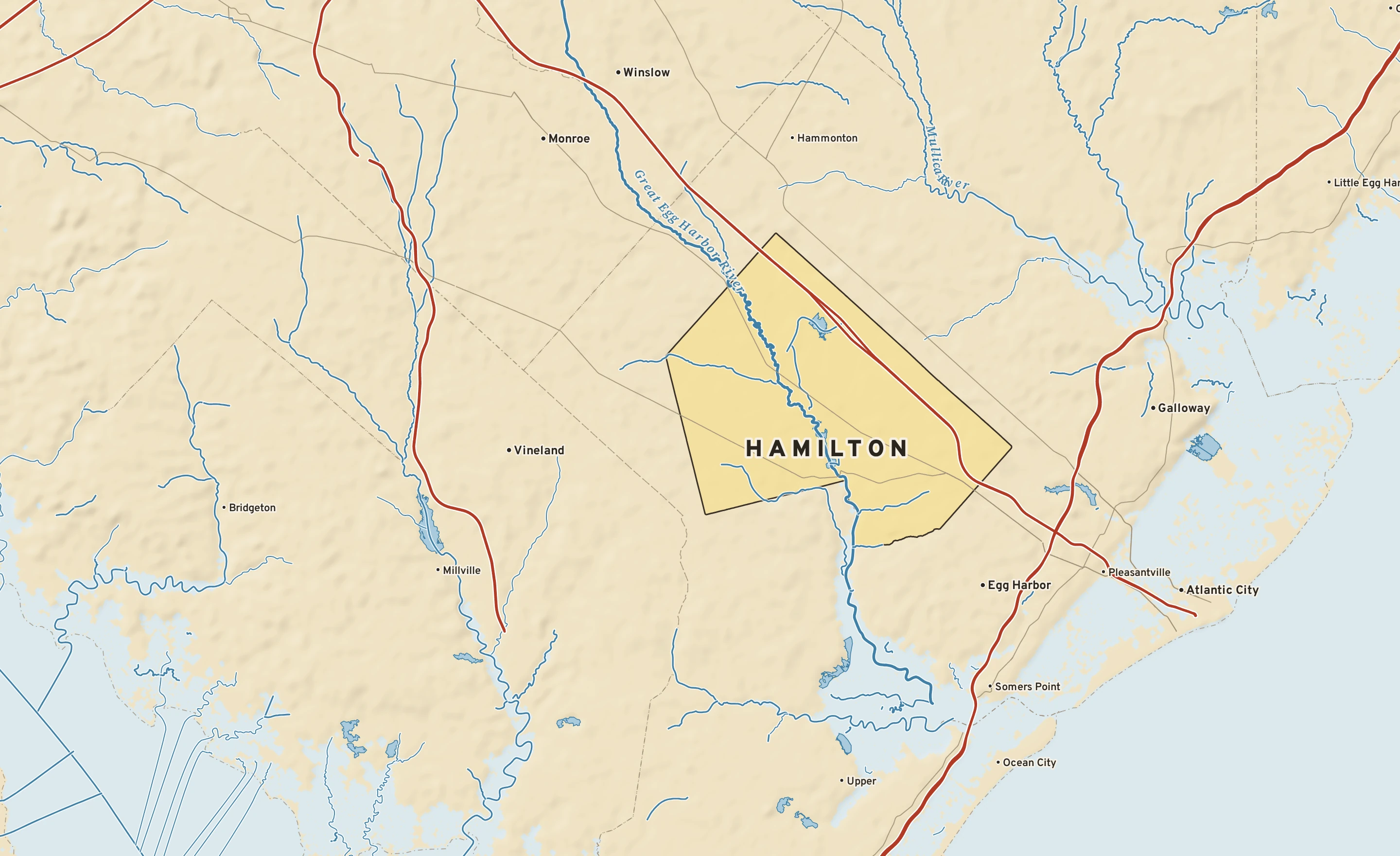 Shaded-relief atlas plate of Hamilton, New Jersey: rivers, roads, the city limits and where the water drains.