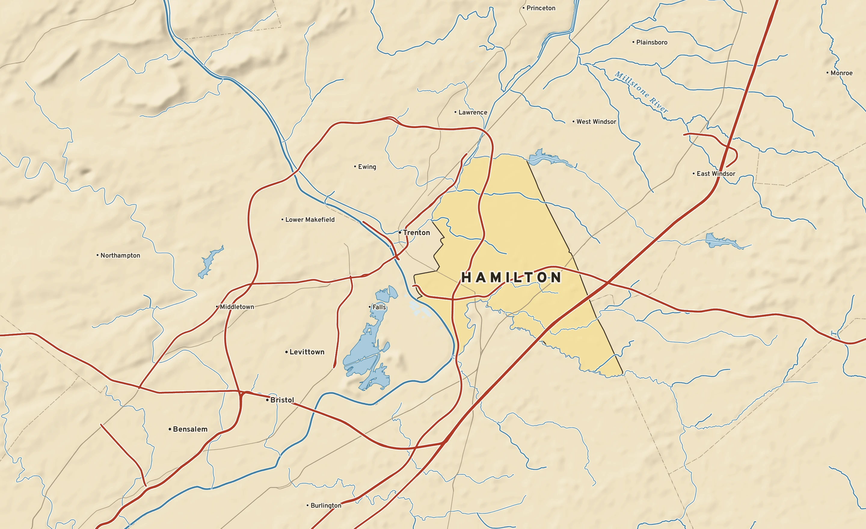 Shaded-relief atlas plate of Hamilton, New Jersey: rivers, roads, the city limits and where the water drains.