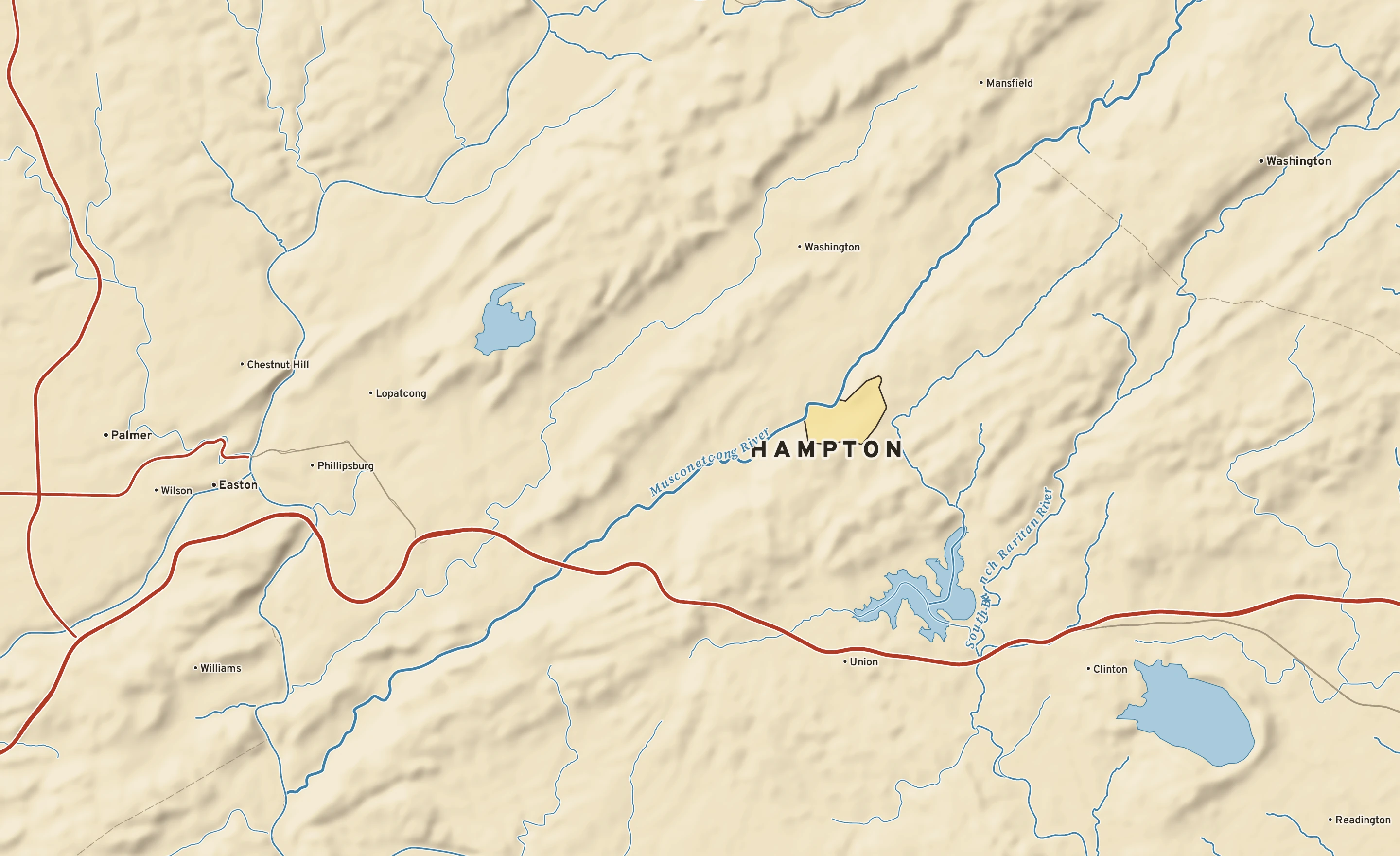 Shaded-relief atlas plate of Hampton, New Jersey: rivers, roads, the city limits and where the water drains.