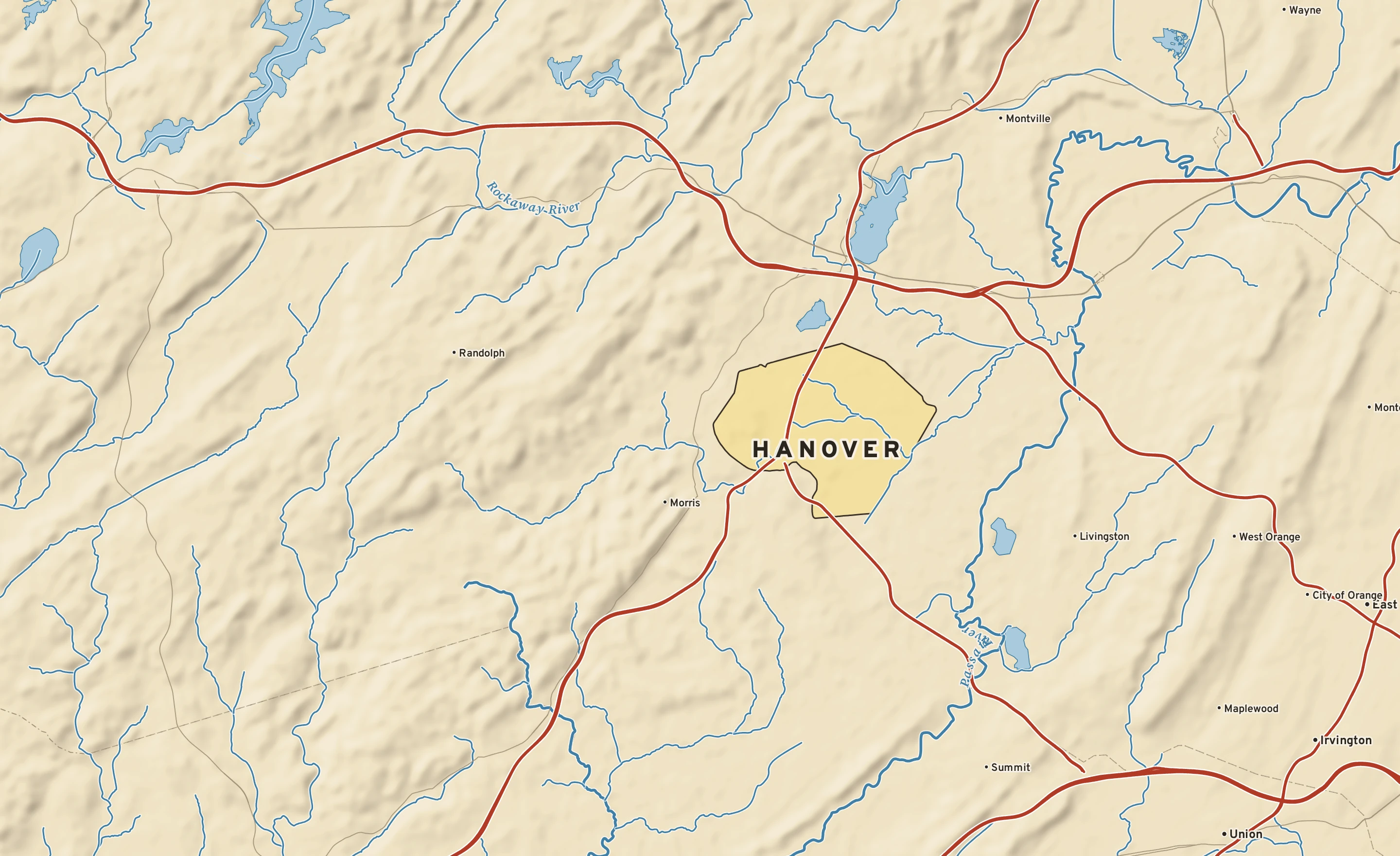 Shaded-relief atlas plate of Hanover, New Jersey: rivers, roads, the city limits and where the water drains.