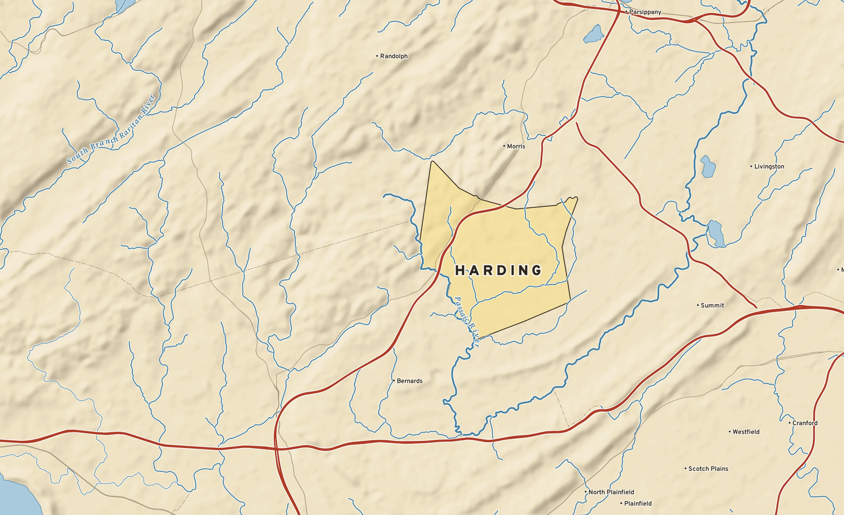 Shaded-relief atlas plate of Harding, New Jersey: rivers, roads, the city limits and where the water drains.