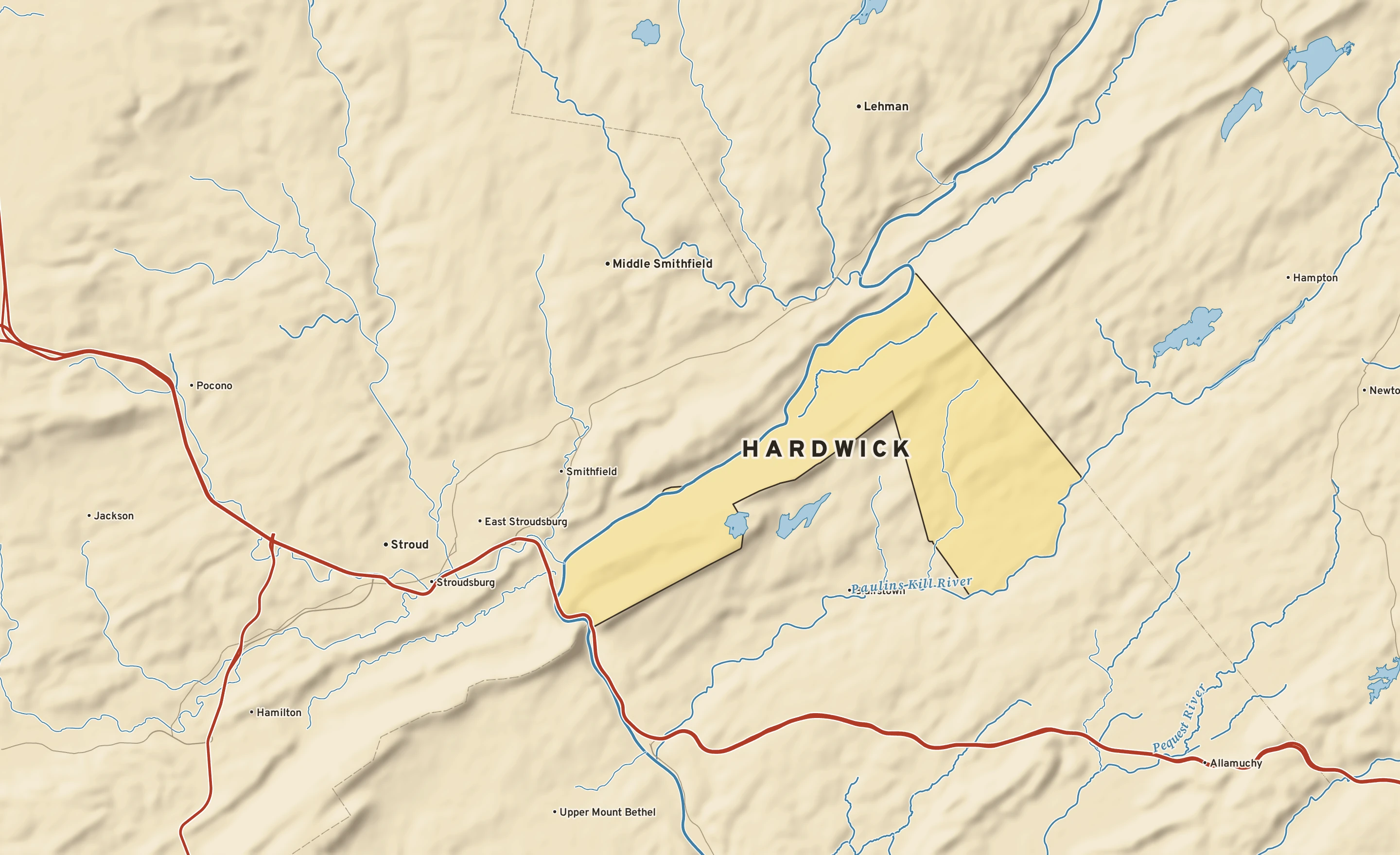 Shaded-relief atlas plate of Hardwick, New Jersey: rivers, roads, the city limits and where the water drains.
