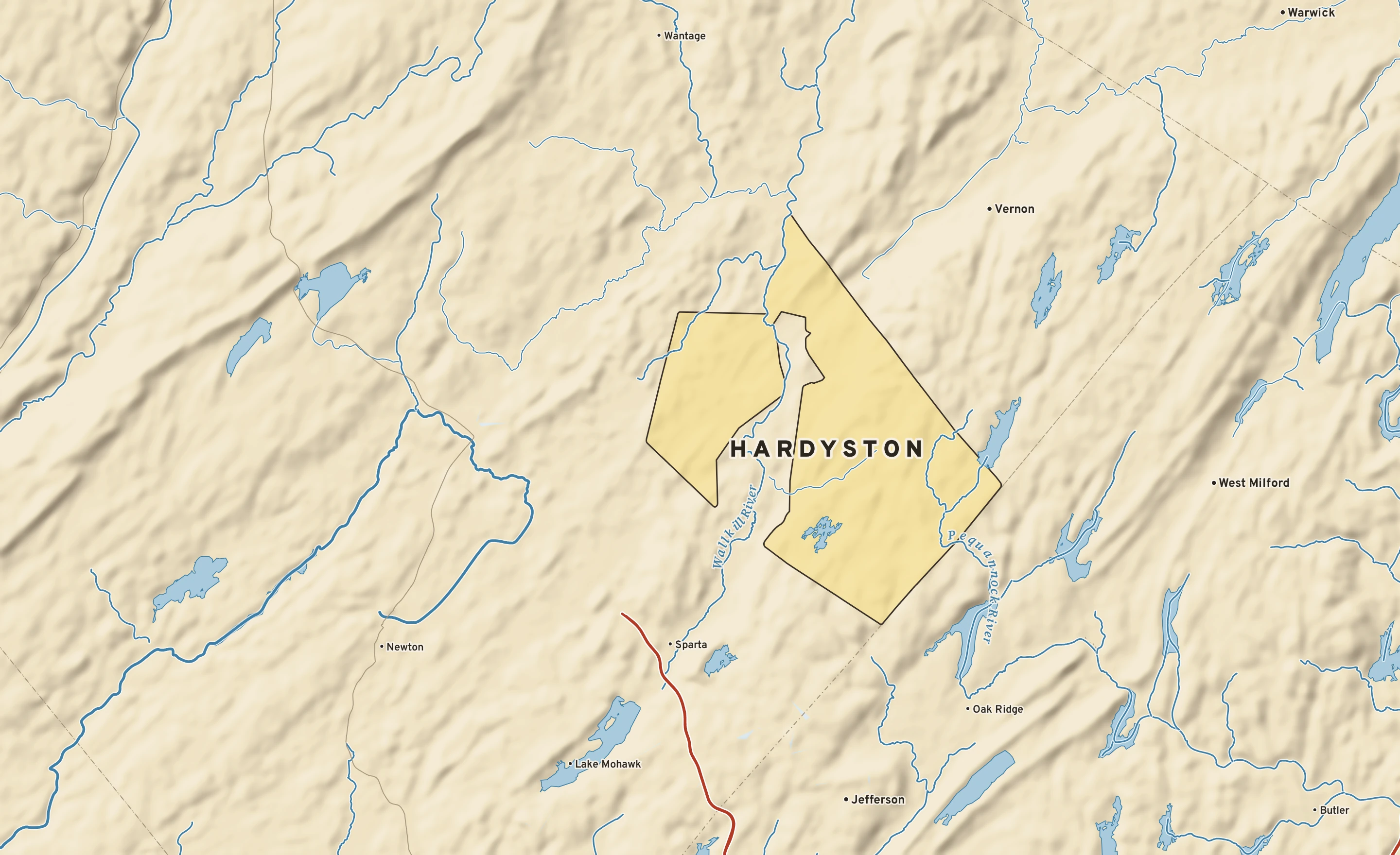Shaded-relief atlas plate of Hardyston, New Jersey: rivers, roads, the city limits and where the water drains.