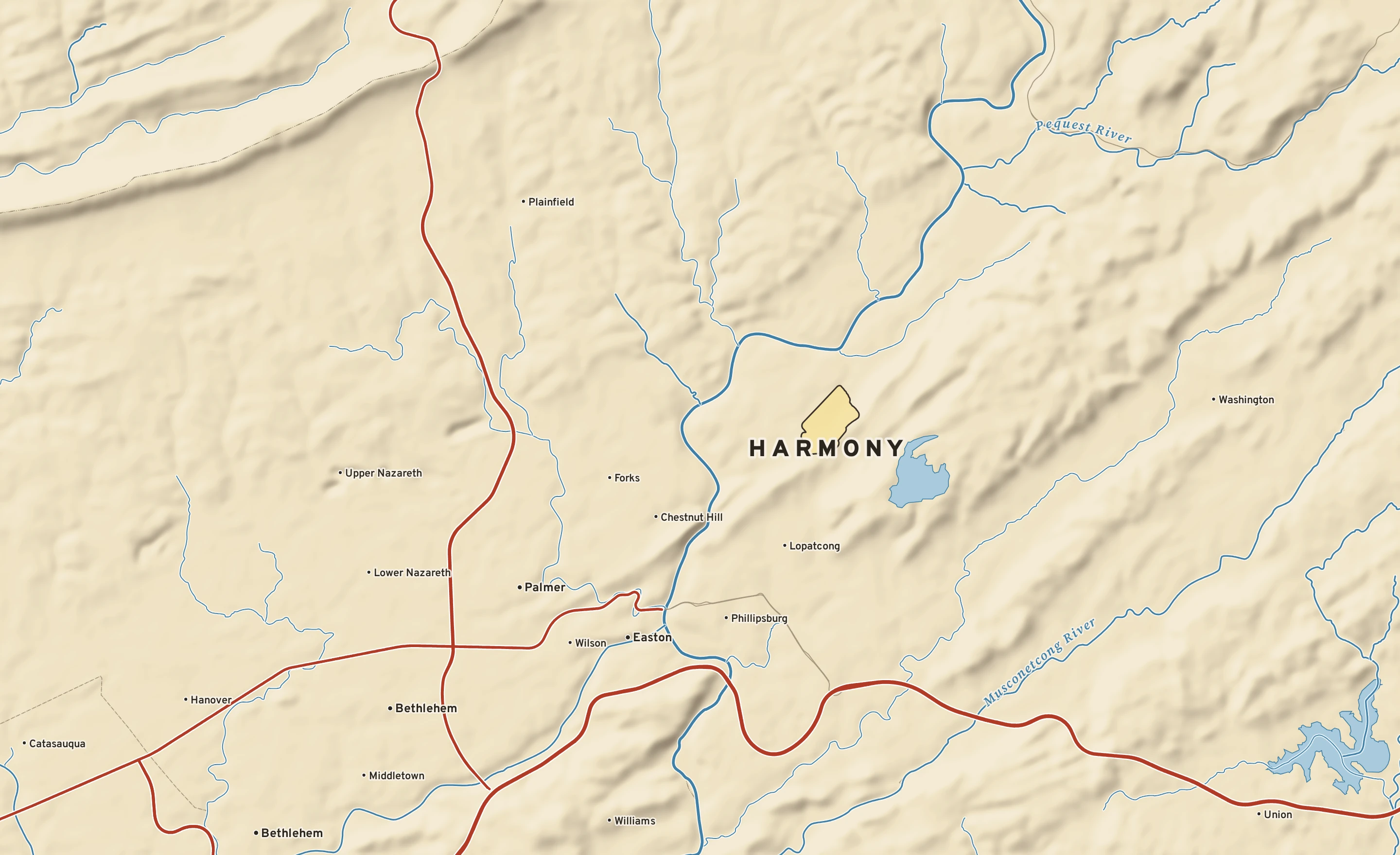 Shaded-relief atlas plate of Harmony, New Jersey: rivers, roads, the city limits and where the water drains.