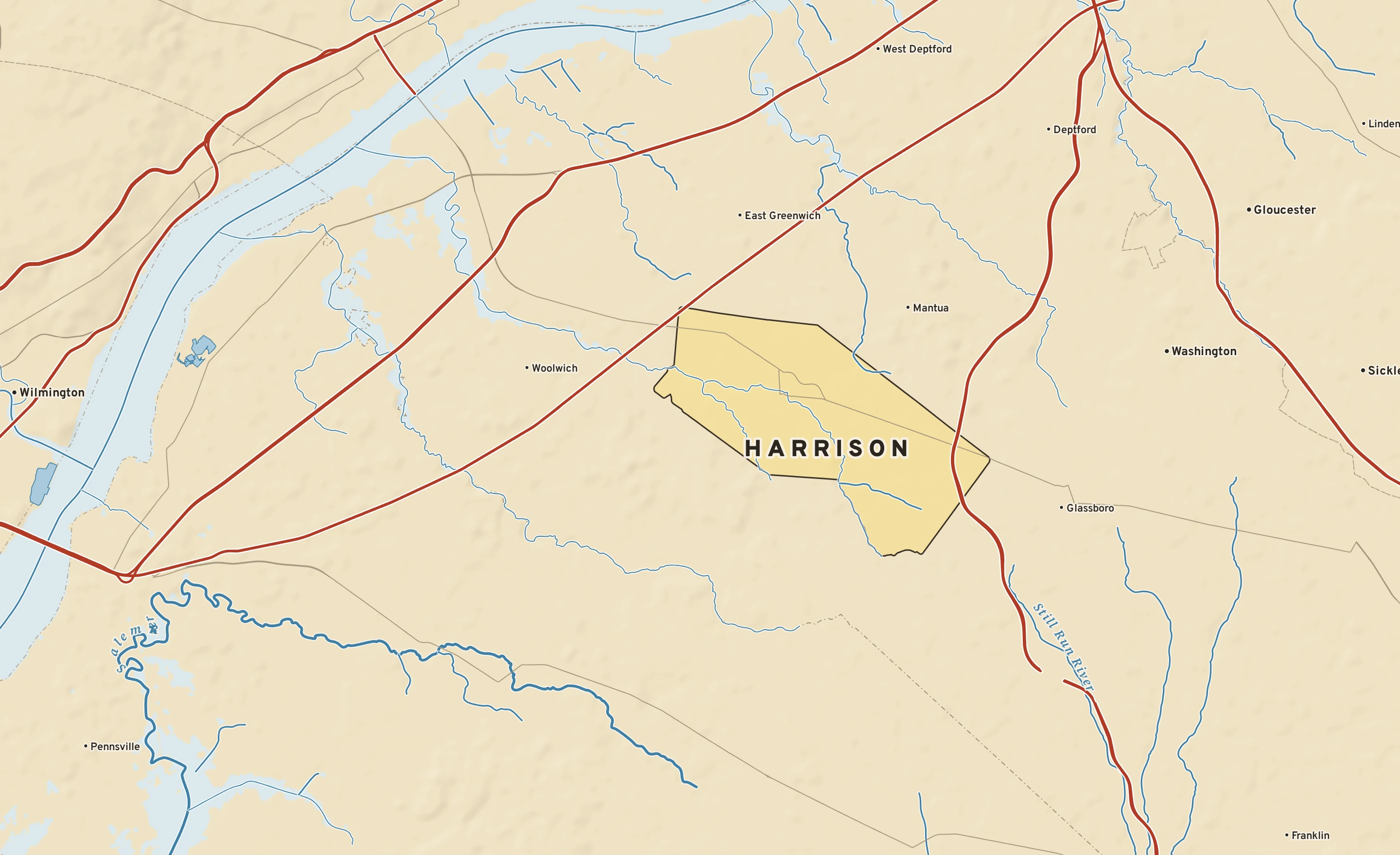 Shaded-relief atlas plate of Harrison, New Jersey: rivers, roads, the city limits and where the water drains.