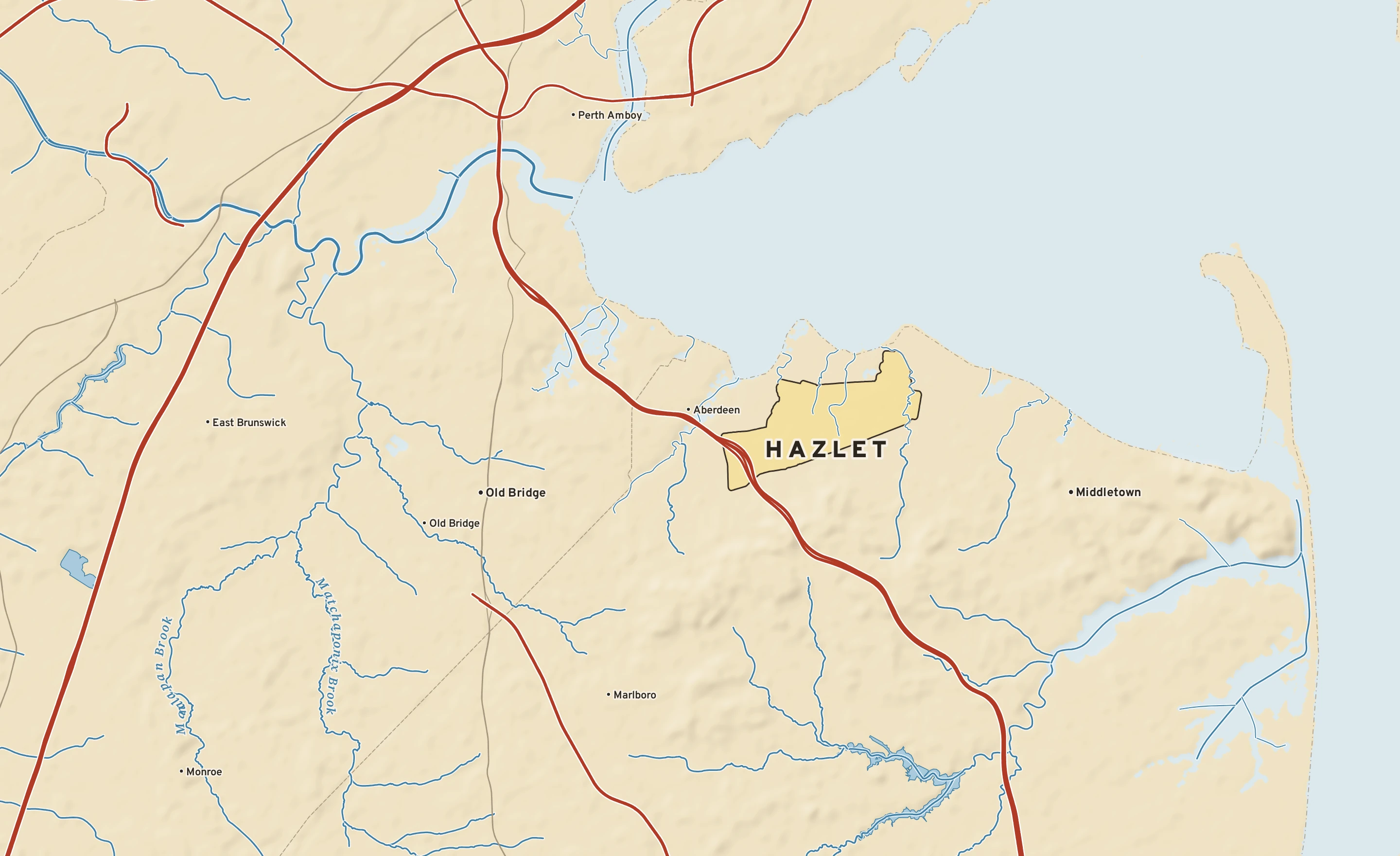 Shaded-relief atlas plate of Hazlet, New Jersey: rivers, roads, the city limits and where the water drains.