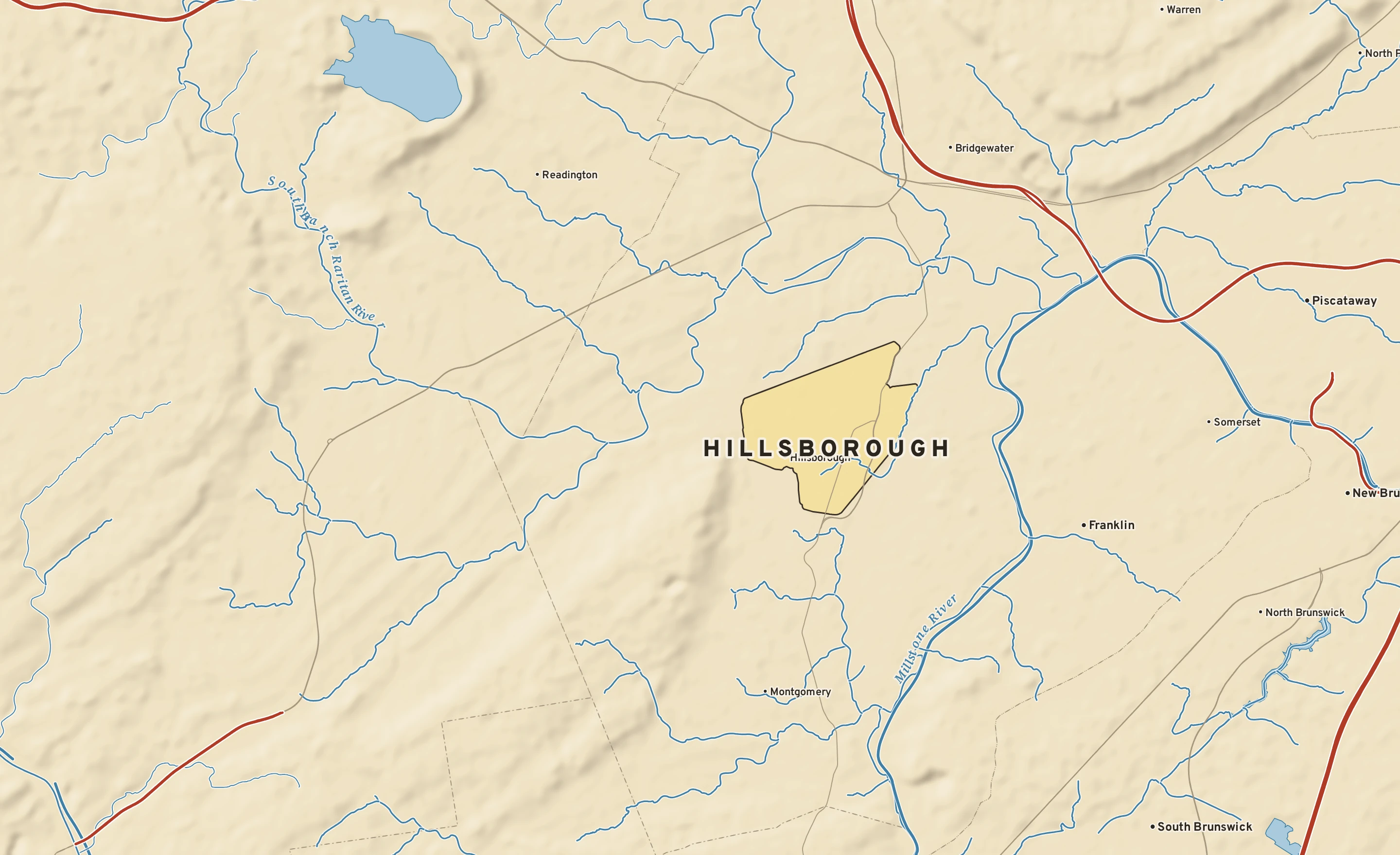 Shaded-relief atlas plate of Hillsborough, New Jersey: rivers, roads, the city limits and where the water drains.