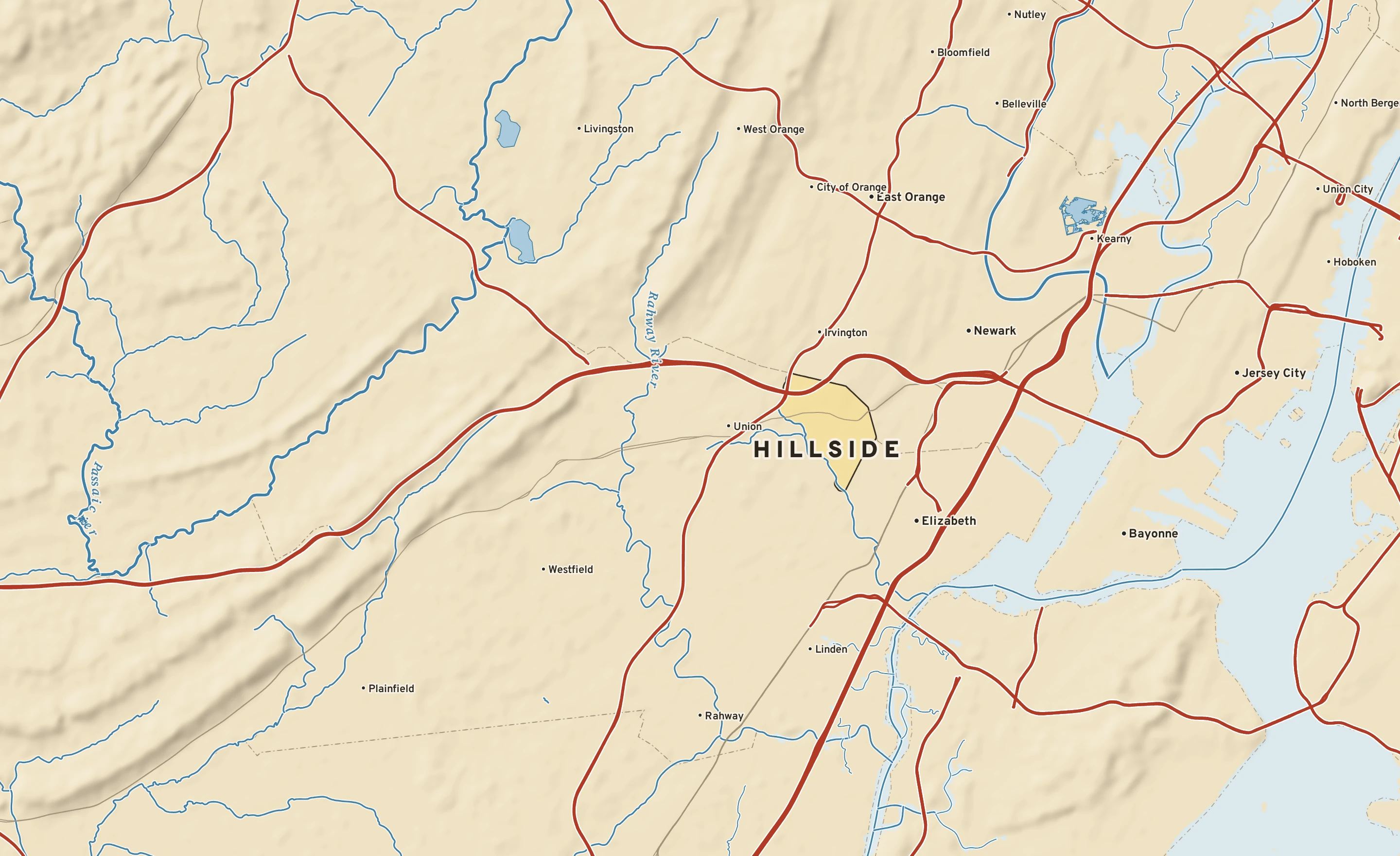 Shaded-relief atlas plate of Hillside, New Jersey: rivers, roads, the city limits and where the water drains.