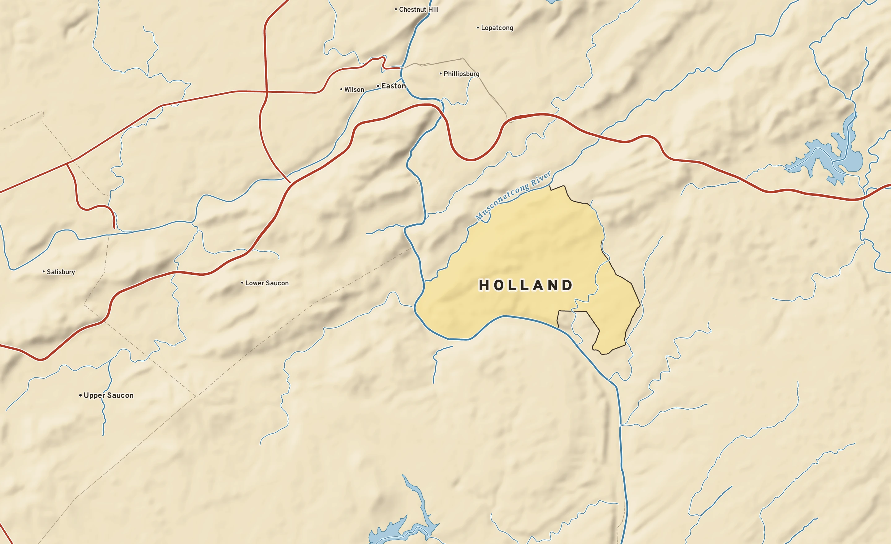 Shaded-relief atlas plate of Holland, New Jersey: rivers, roads, the city limits and where the water drains.