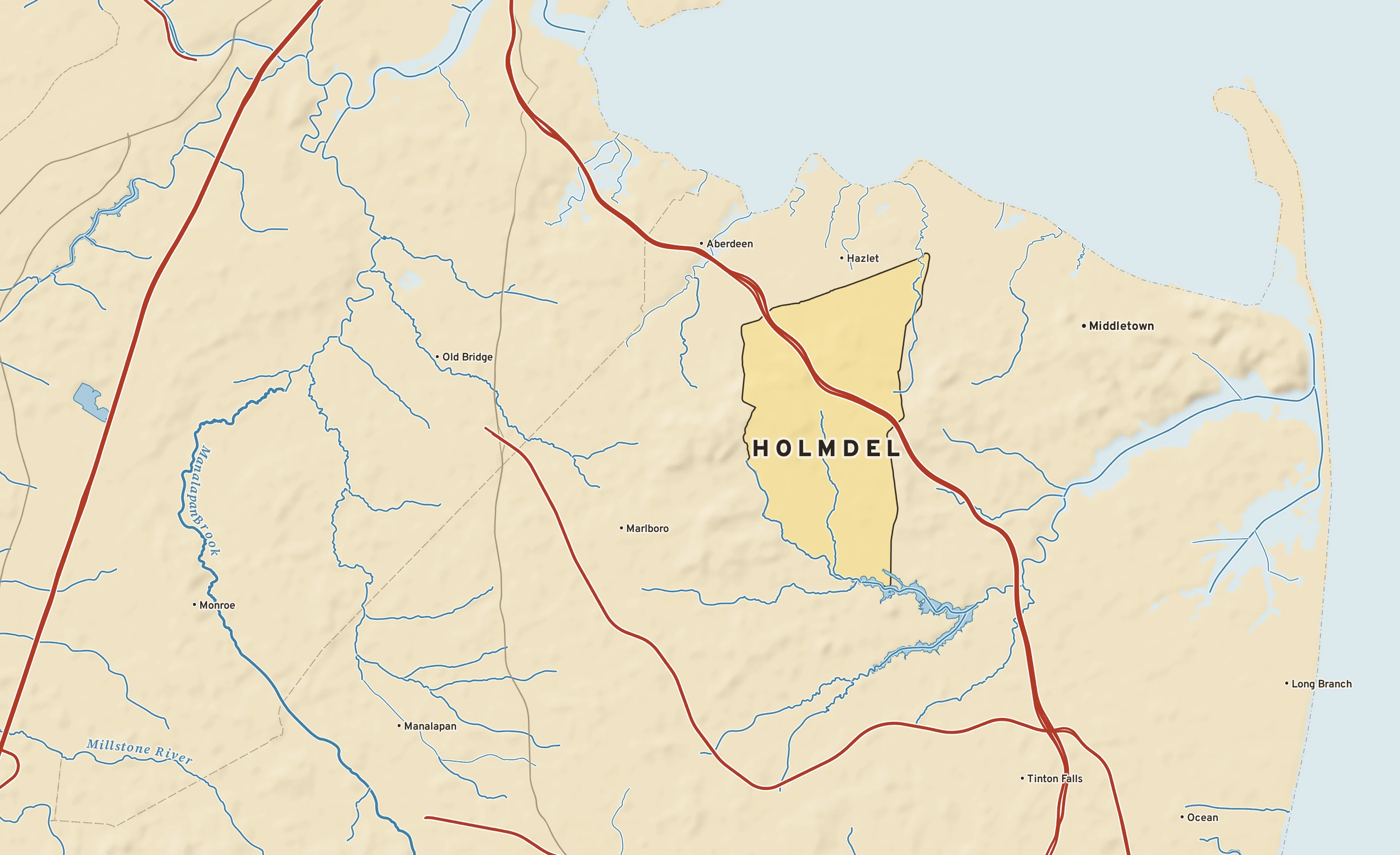 Shaded-relief atlas plate of Holmdel, New Jersey: rivers, roads, the city limits and where the water drains.
