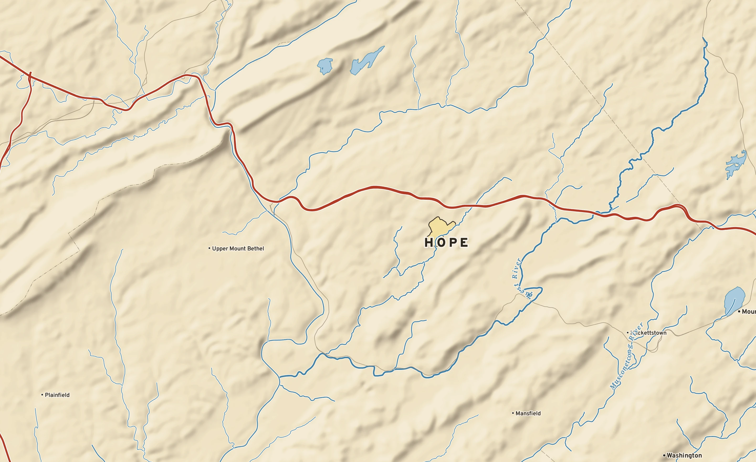 Shaded-relief atlas plate of Hope, New Jersey: rivers, roads, the city limits and where the water drains.