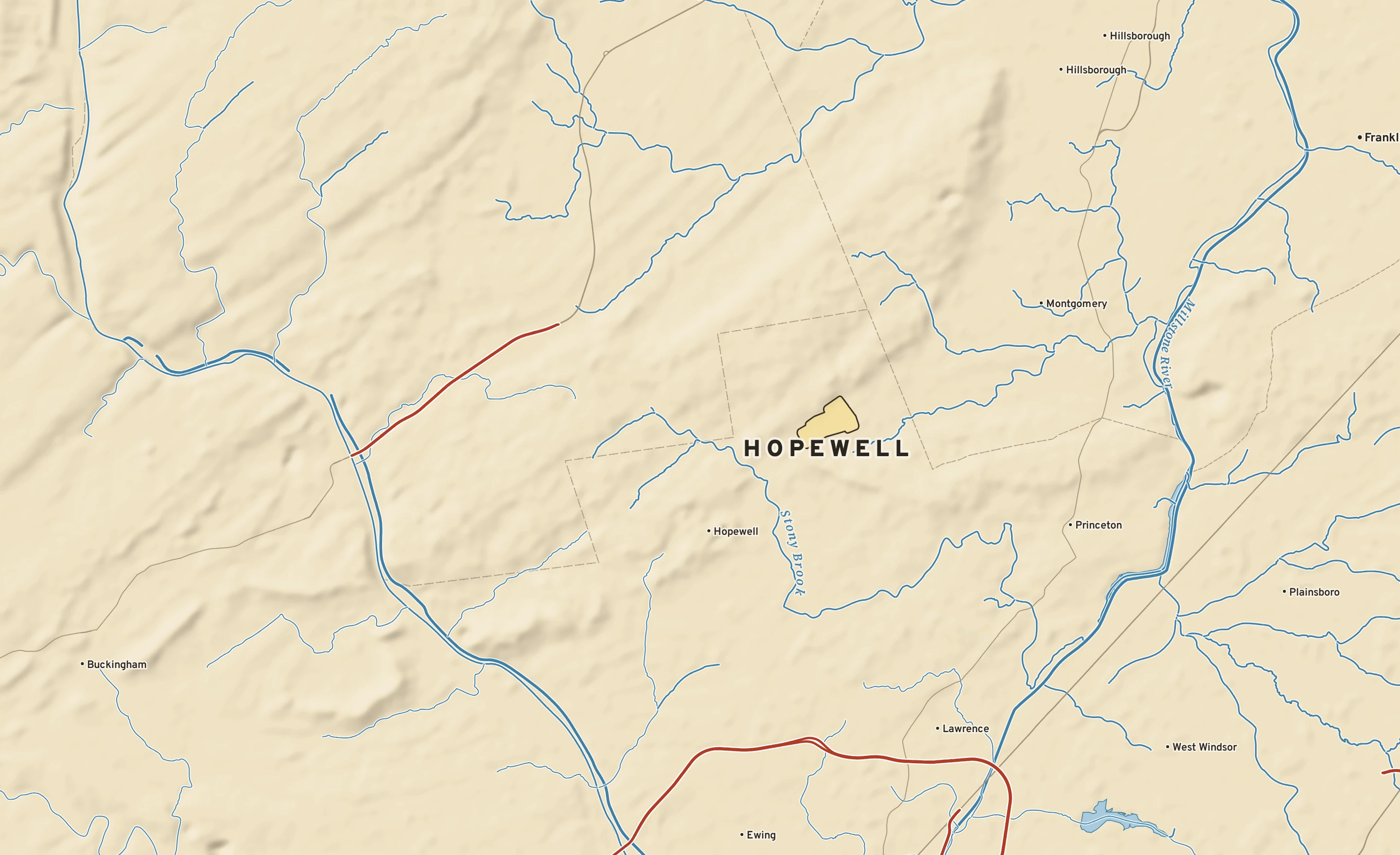 Shaded-relief atlas plate of Hopewell, New Jersey: rivers, roads, the city limits and where the water drains.