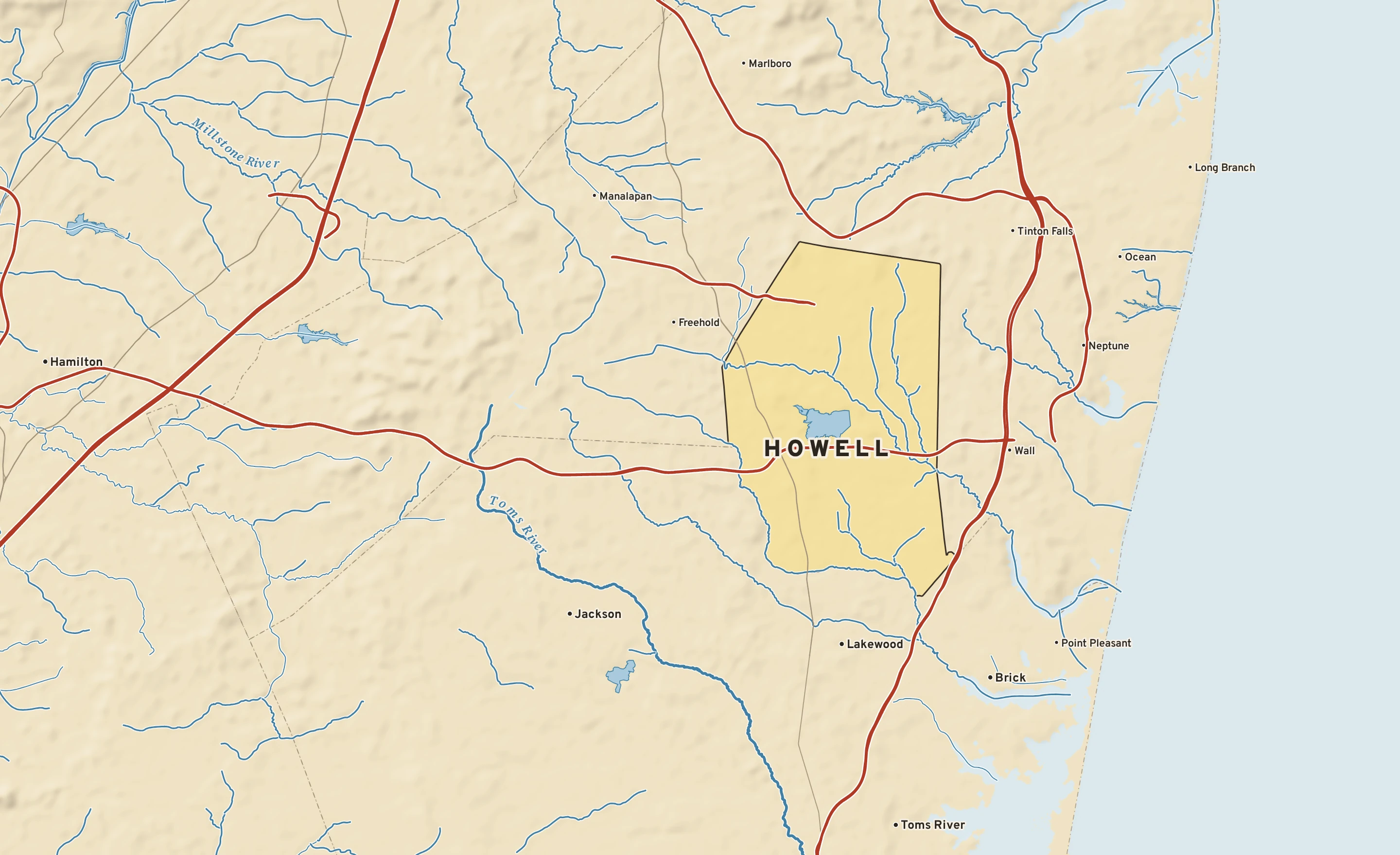 Shaded-relief atlas plate of Howell, New Jersey: rivers, roads, the city limits and where the water drains.