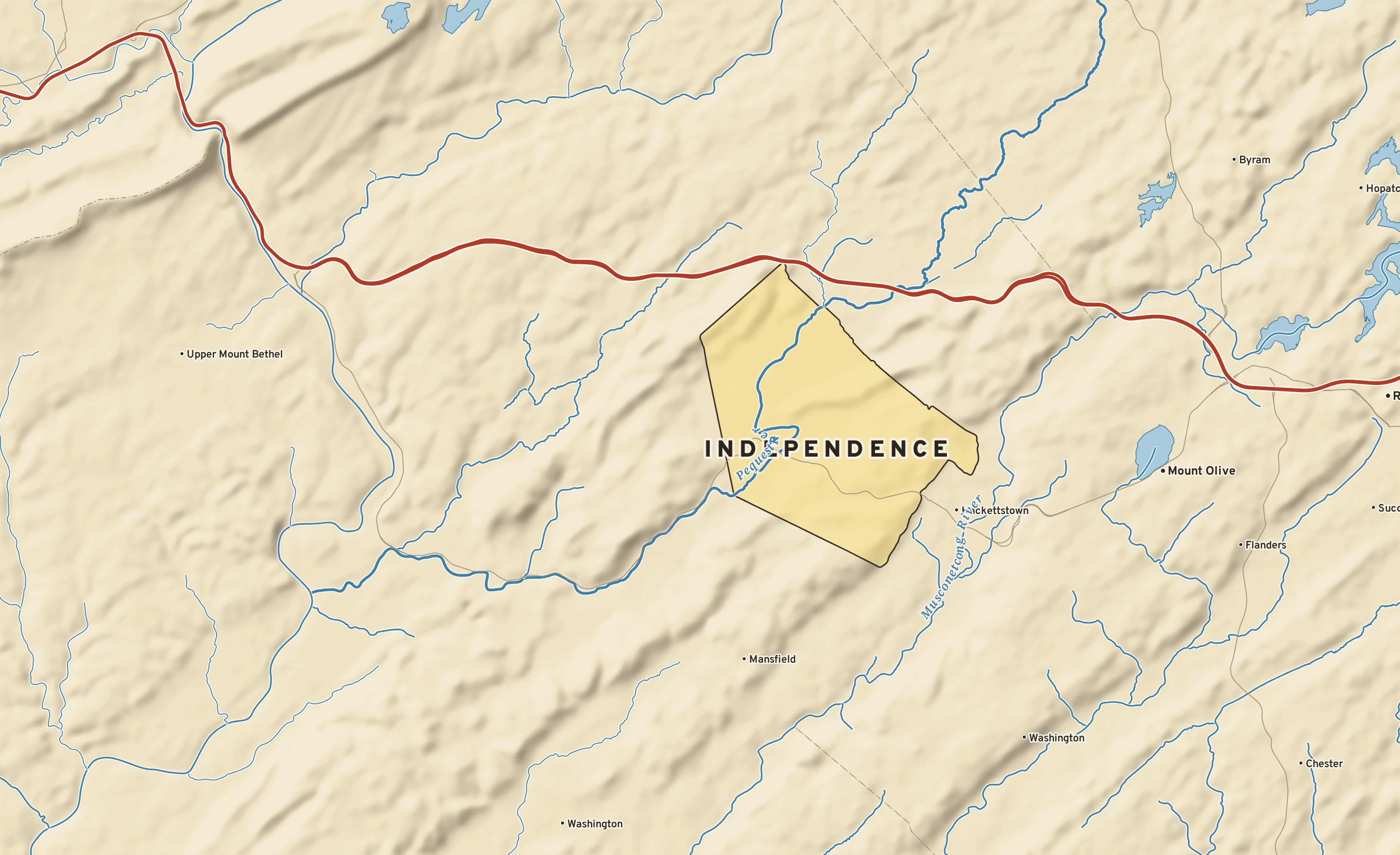 Shaded-relief atlas plate of Independence, New Jersey: rivers, roads, the city limits and where the water drains.