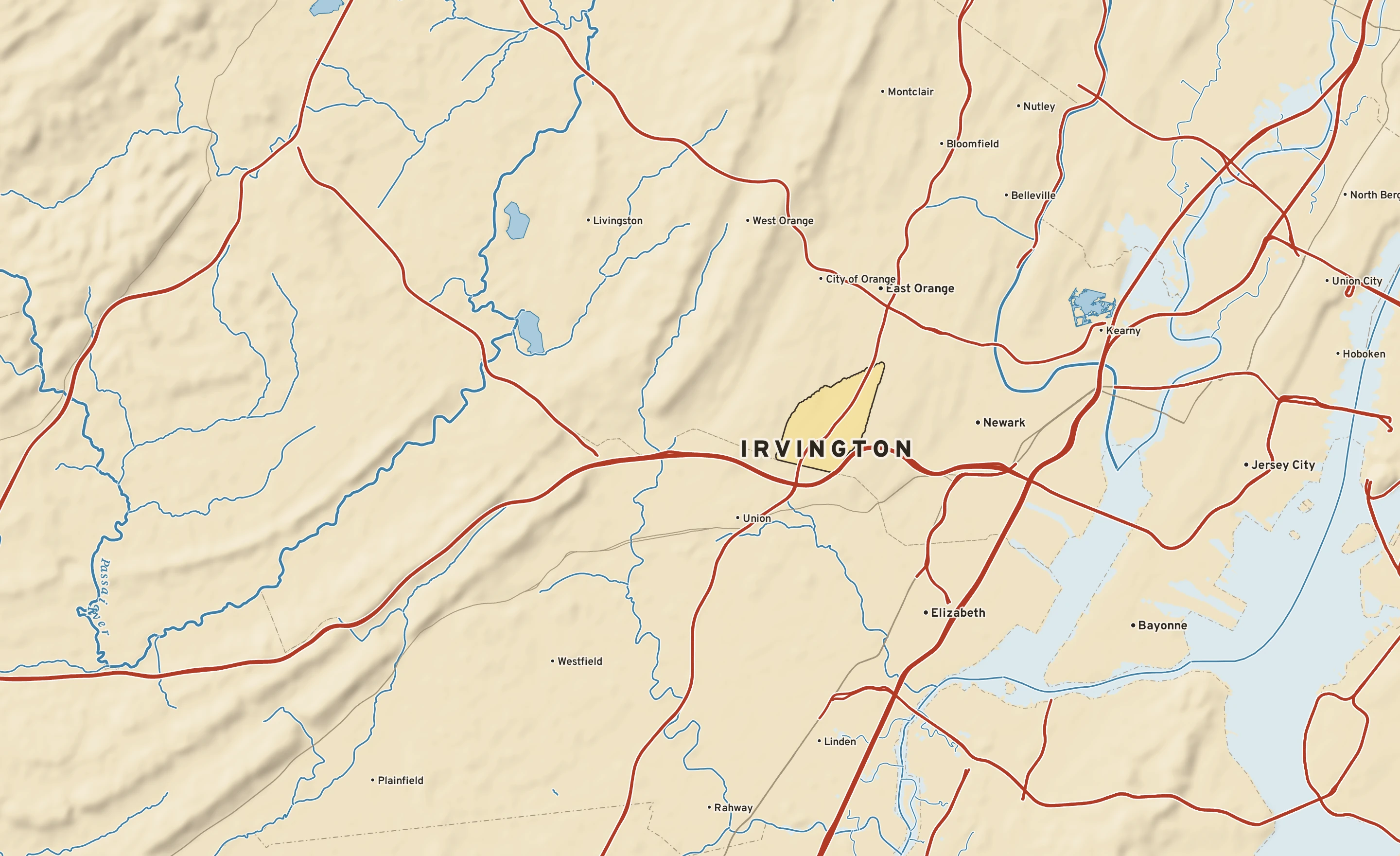 Shaded-relief atlas plate of Irvington, New Jersey: rivers, roads, the city limits and where the water drains.