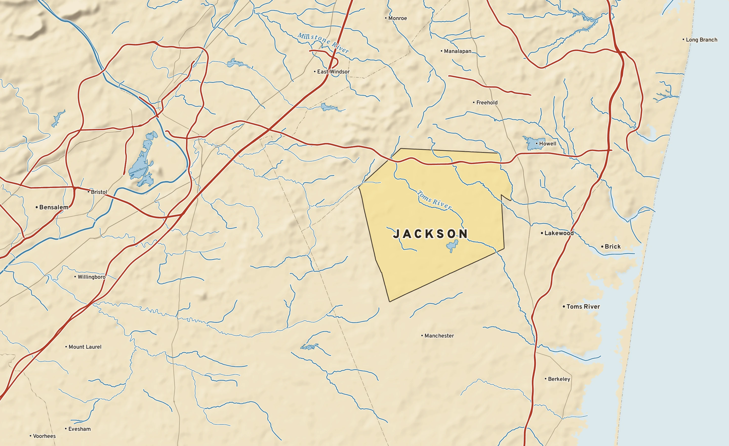 Shaded-relief atlas plate of Jackson, New Jersey: rivers, roads, the city limits and where the water drains.