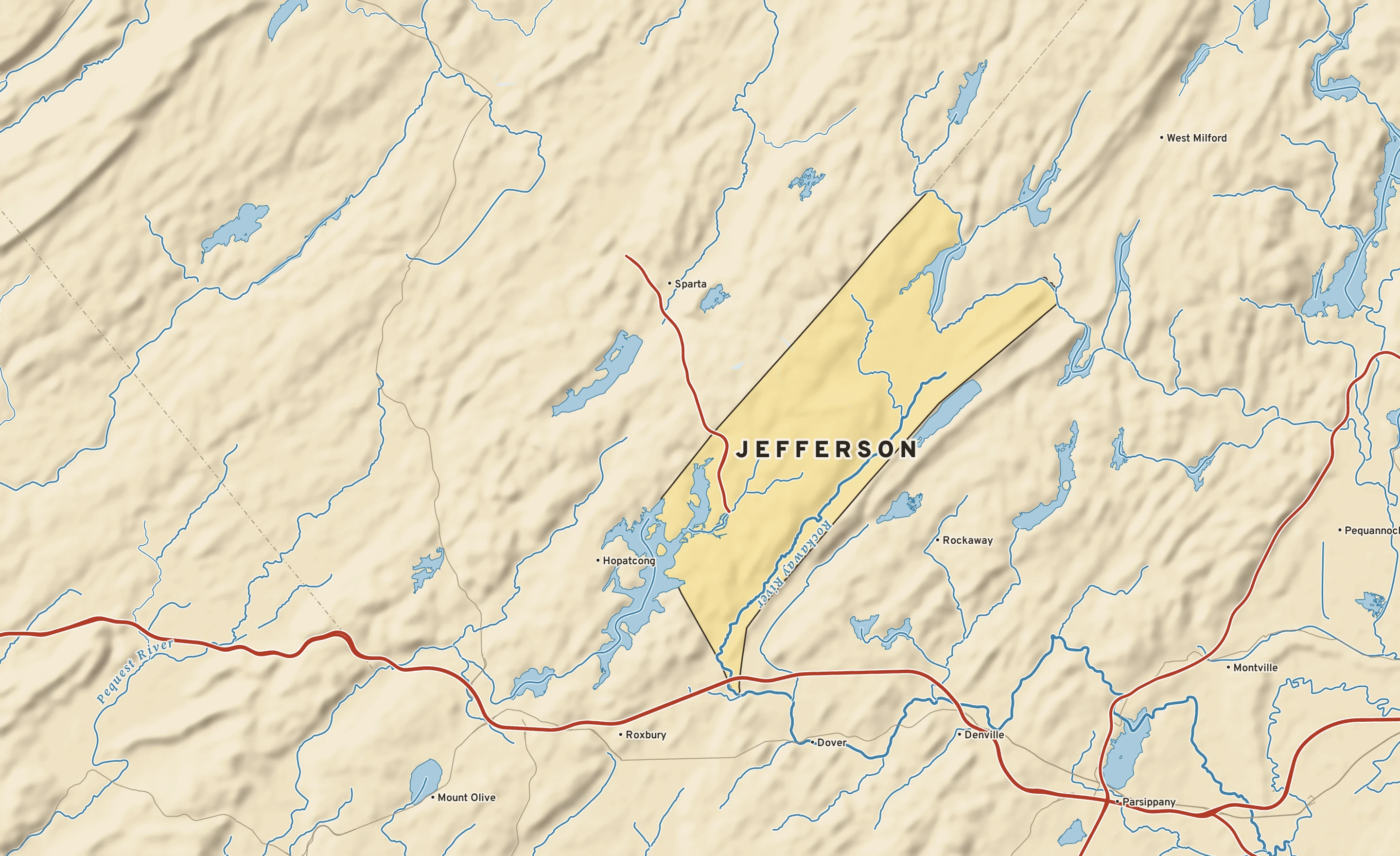 Shaded-relief atlas plate of Jefferson, New Jersey: rivers, roads, the city limits and where the water drains.