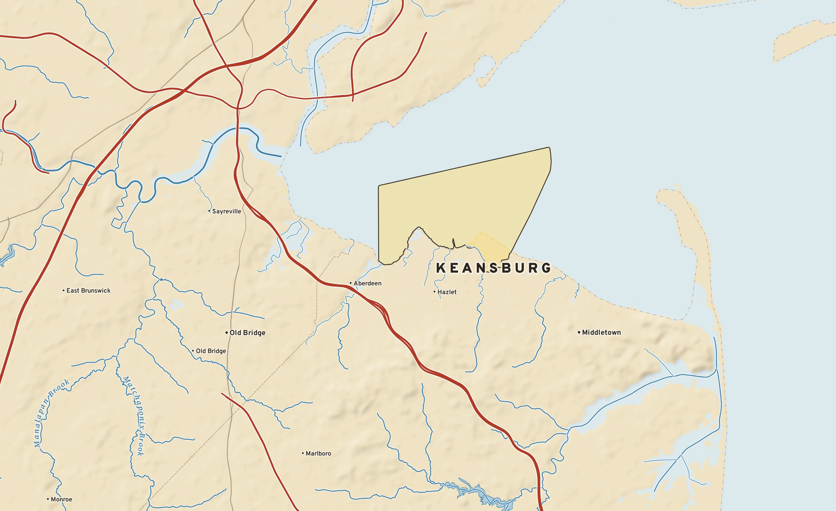 Shaded-relief atlas plate of Keansburg, New Jersey: rivers, roads, the city limits and where the water drains.