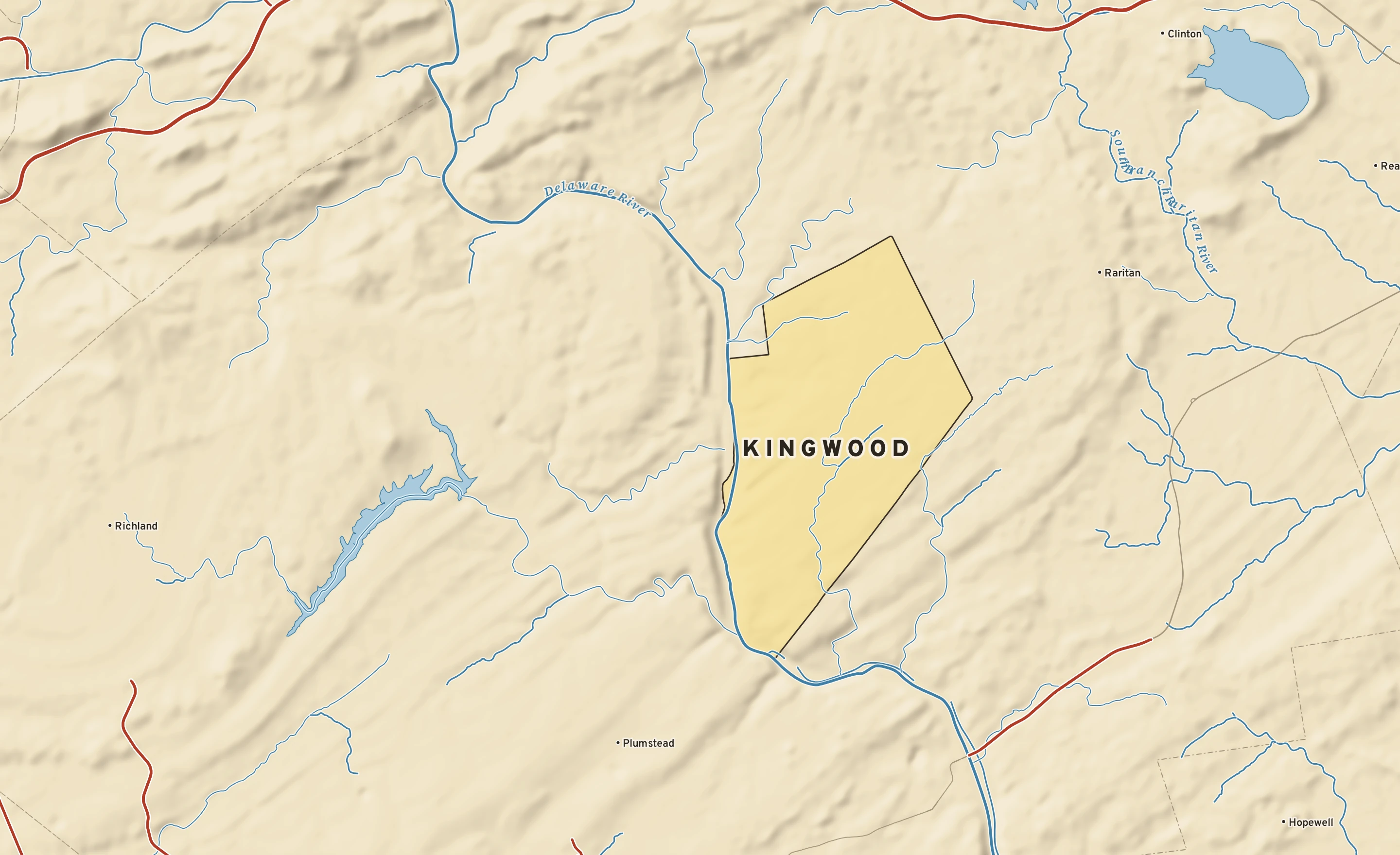 Shaded-relief atlas plate of Kingwood, New Jersey: rivers, roads, the city limits and where the water drains.