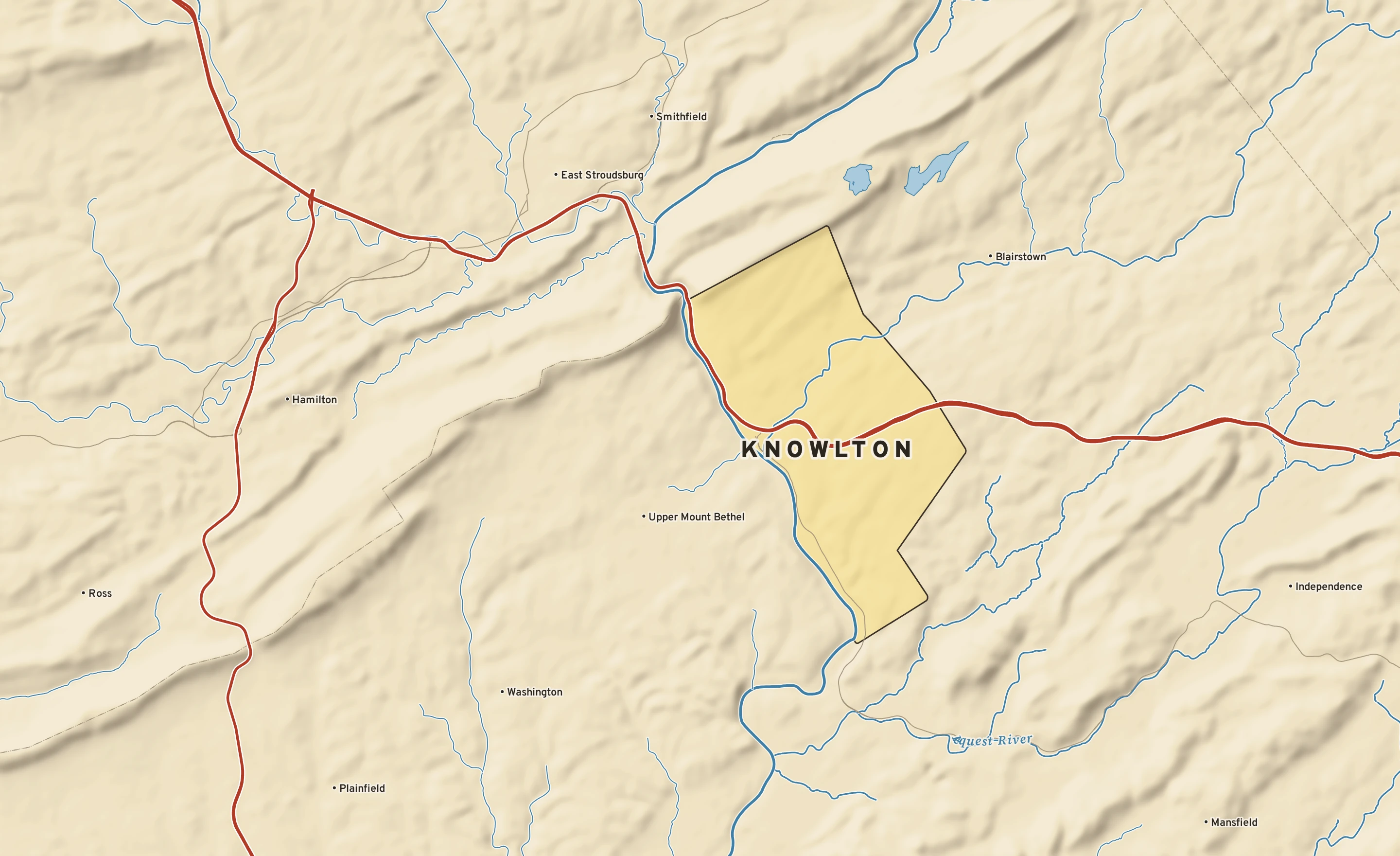 Shaded-relief atlas plate of Knowlton, New Jersey: rivers, roads, the city limits and where the water drains.