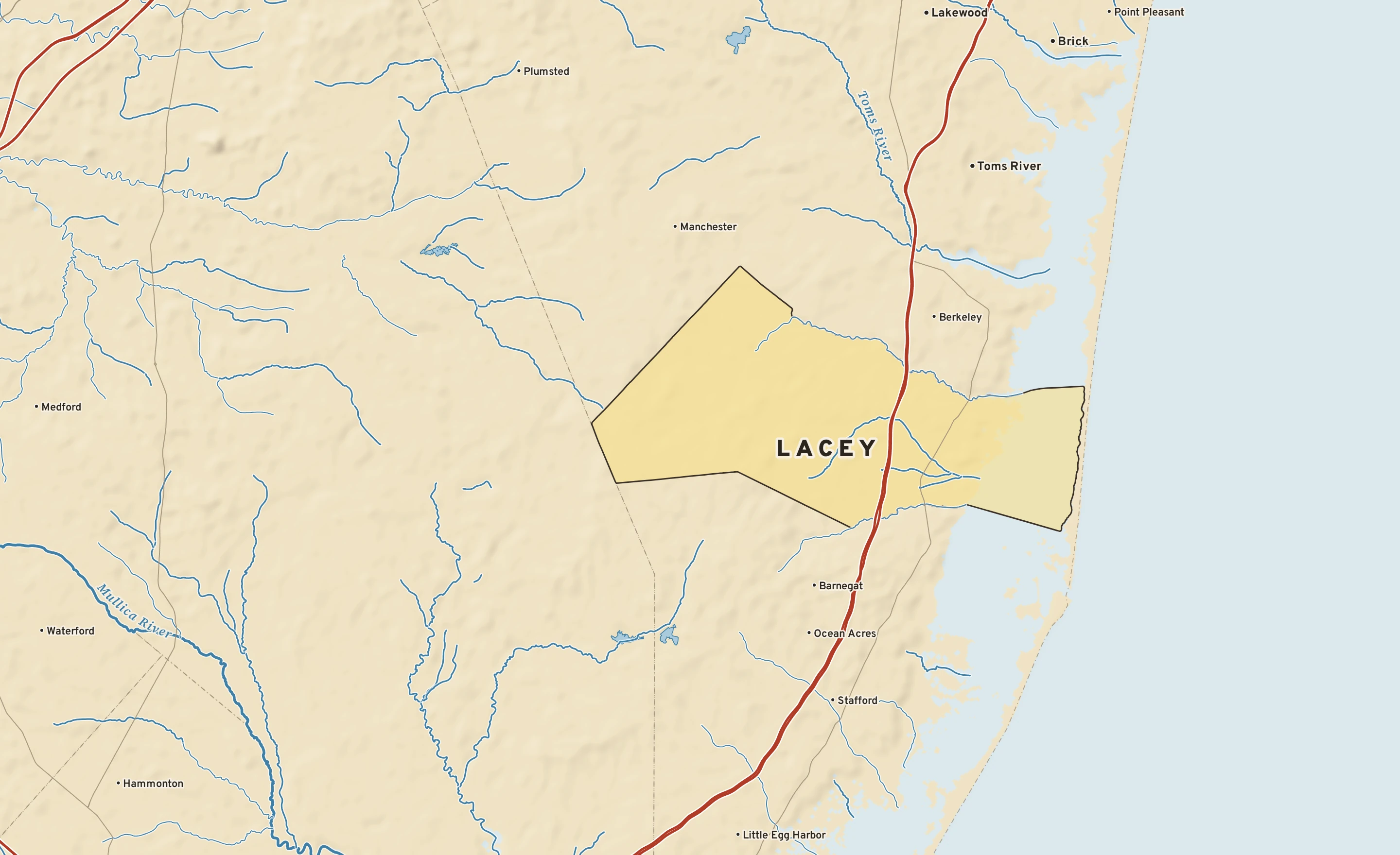 Shaded-relief atlas plate of Lacey, New Jersey: rivers, roads, the city limits and where the water drains.