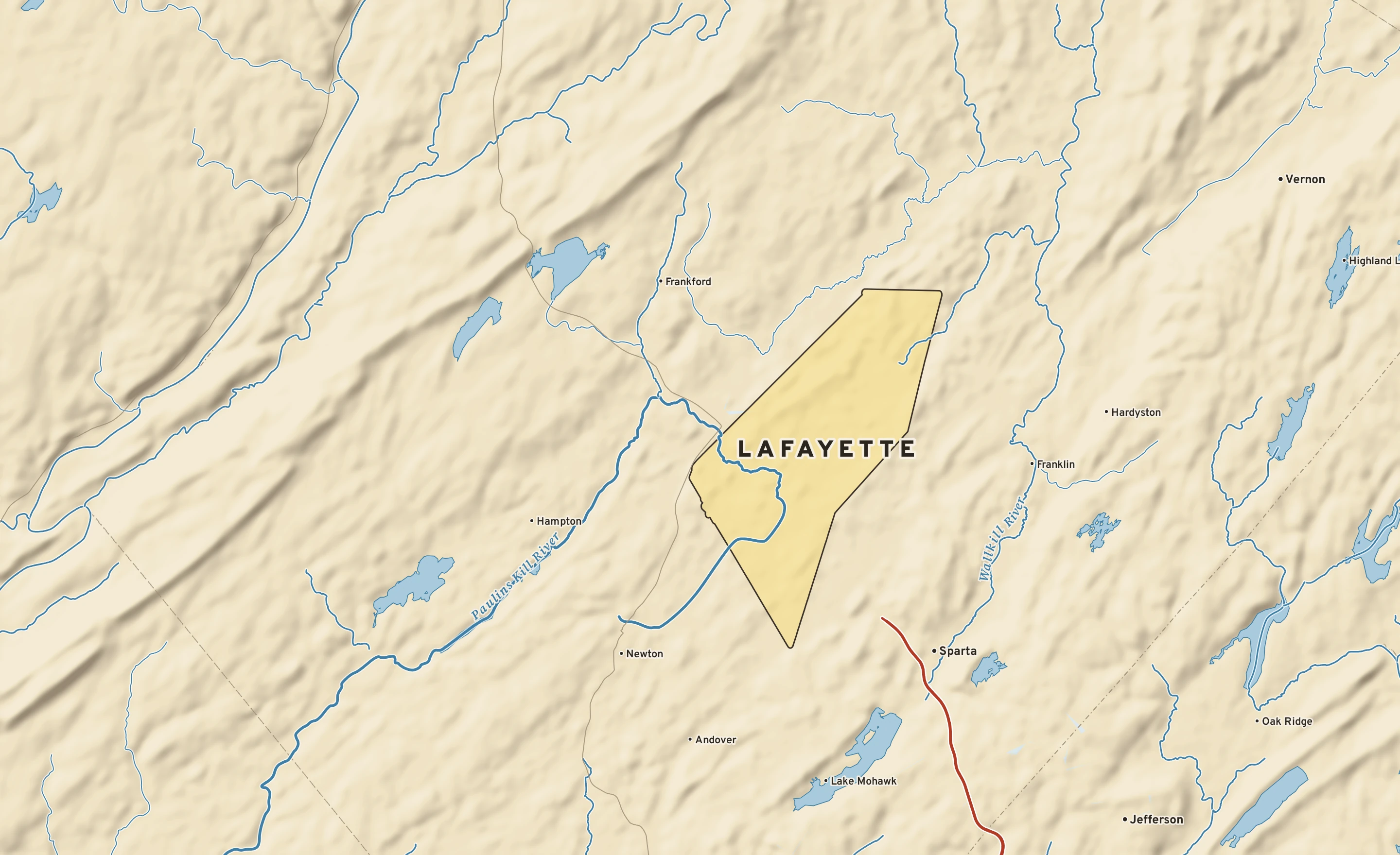 Shaded-relief atlas plate of Lafayette, New Jersey: rivers, roads, the city limits and where the water drains.