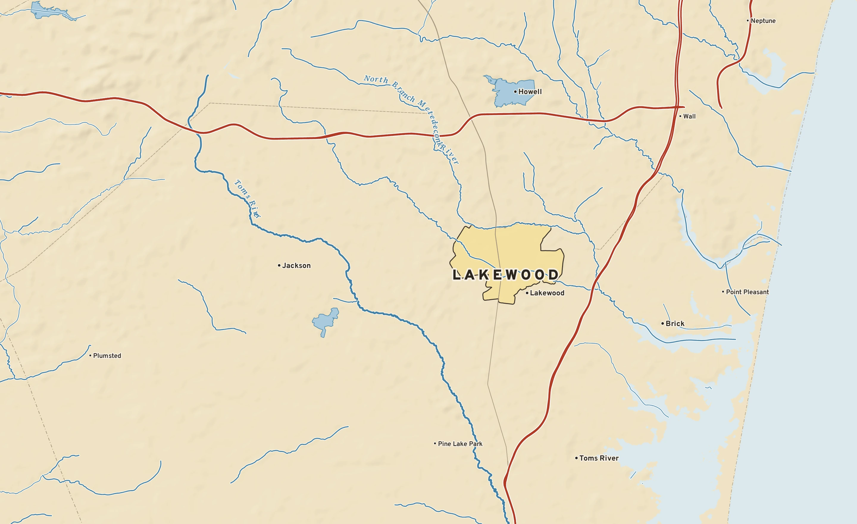 Shaded-relief atlas plate of Lakewood, New Jersey: rivers, roads, the city limits and where the water drains.