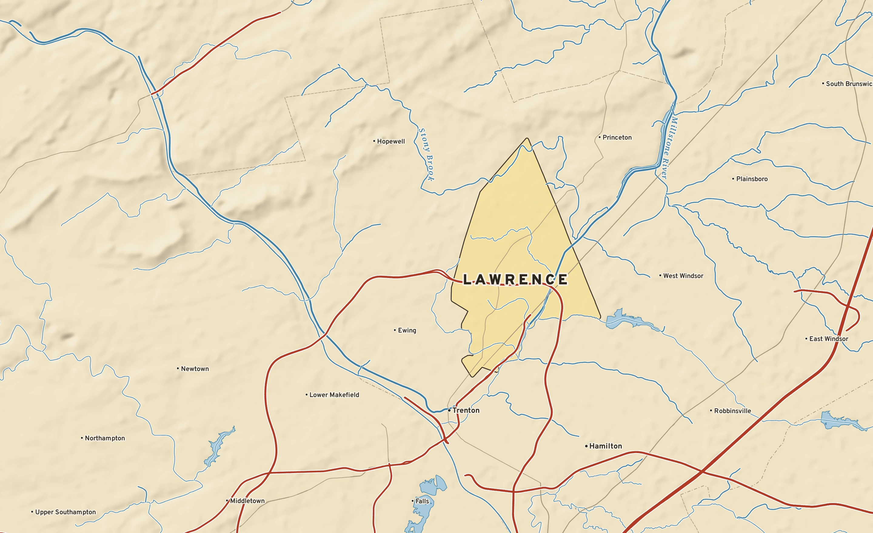 Shaded-relief atlas plate of Lawrence, New Jersey: rivers, roads, the city limits and where the water drains.