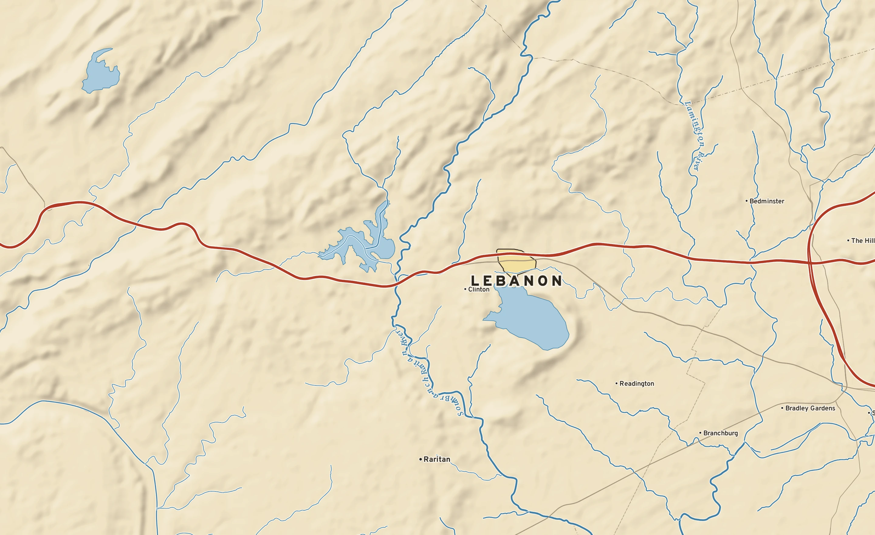 Shaded-relief atlas plate of Lebanon, New Jersey: rivers, roads, the city limits and where the water drains.