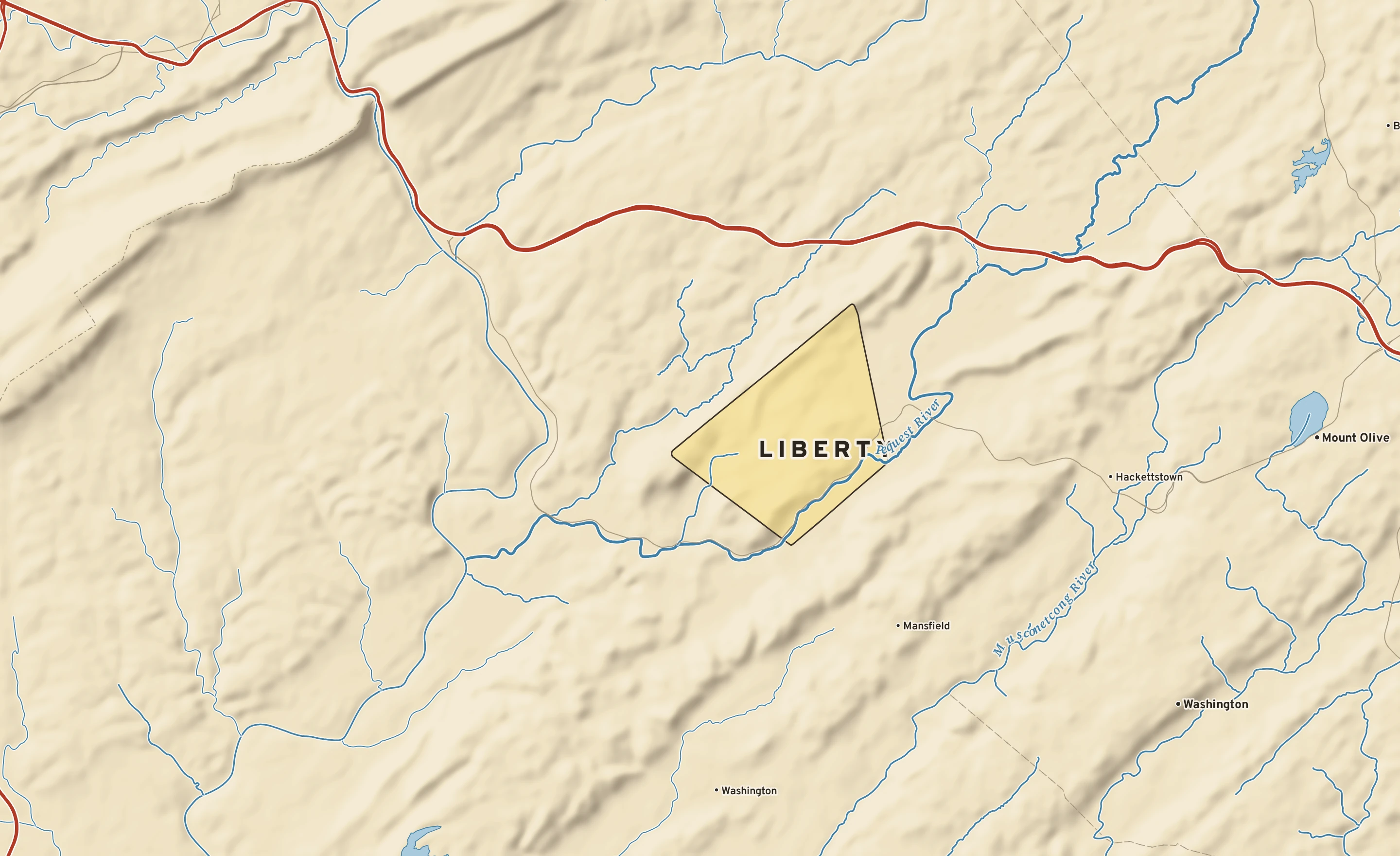 Shaded-relief atlas plate of Liberty, New Jersey: rivers, roads, the city limits and where the water drains.