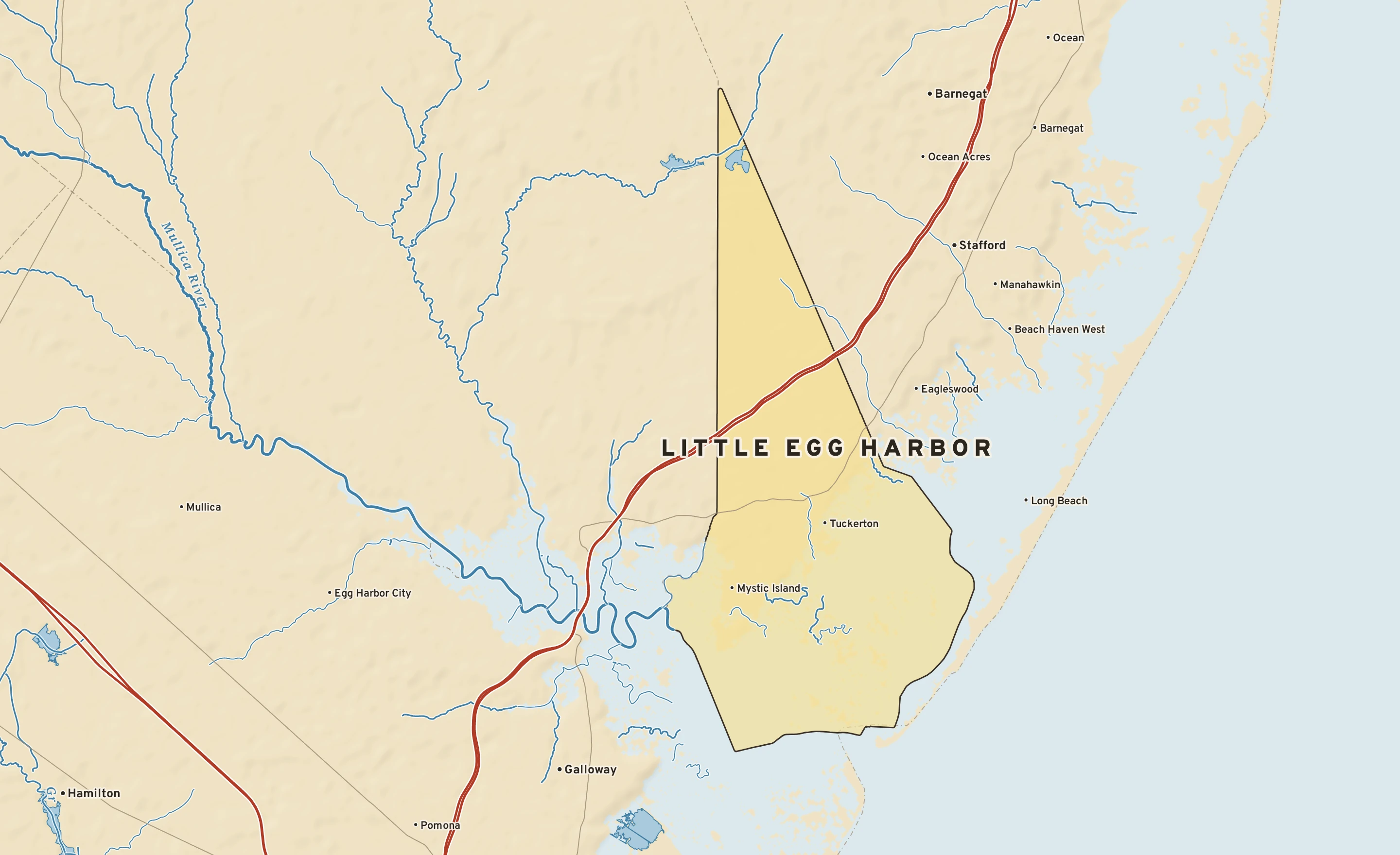 Shaded-relief atlas plate of Little Egg Harbor, New Jersey: rivers, roads, the city limits and where the water drains.