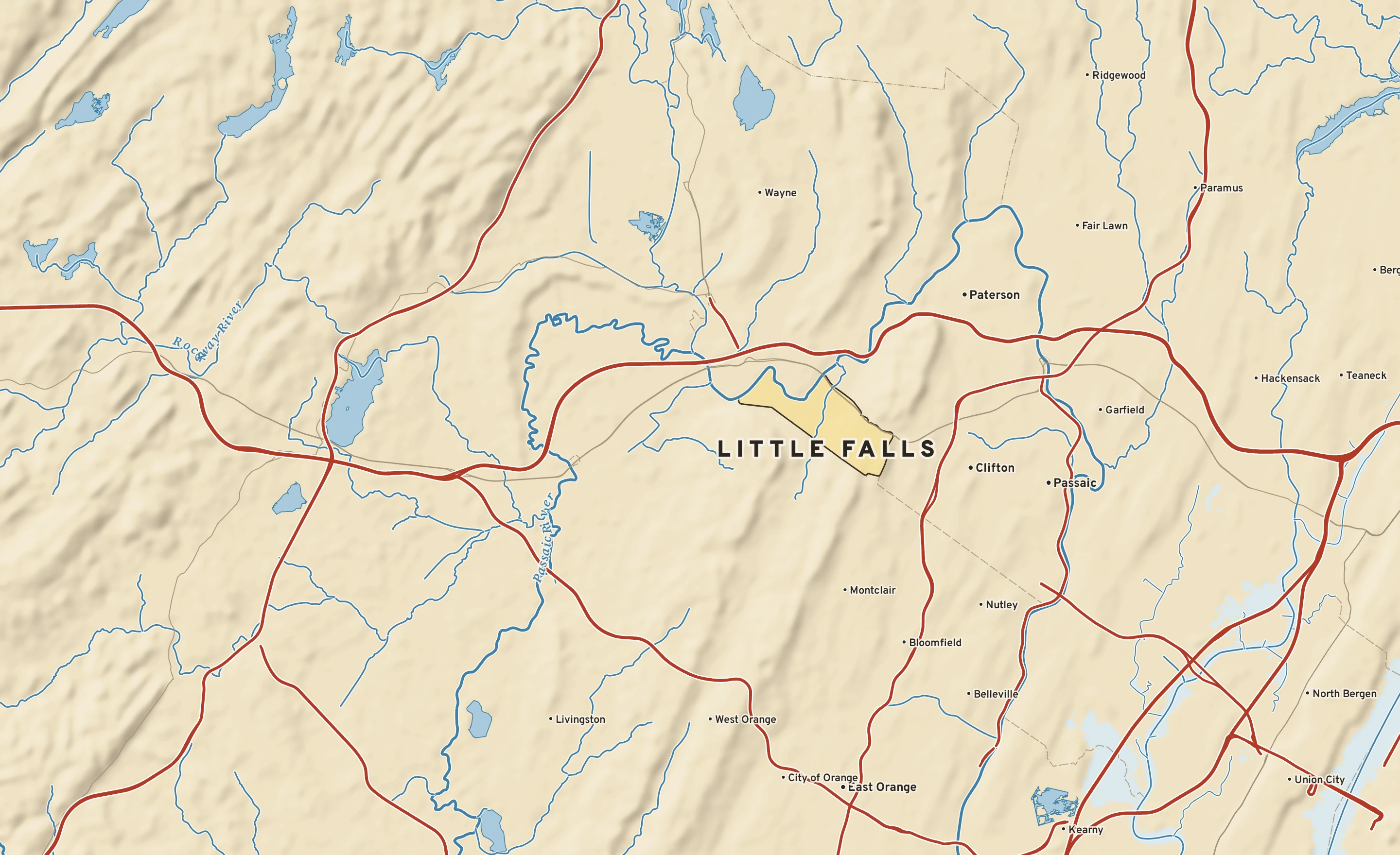 Shaded-relief atlas plate of Little Falls, New Jersey: rivers, roads, the city limits and where the water drains.