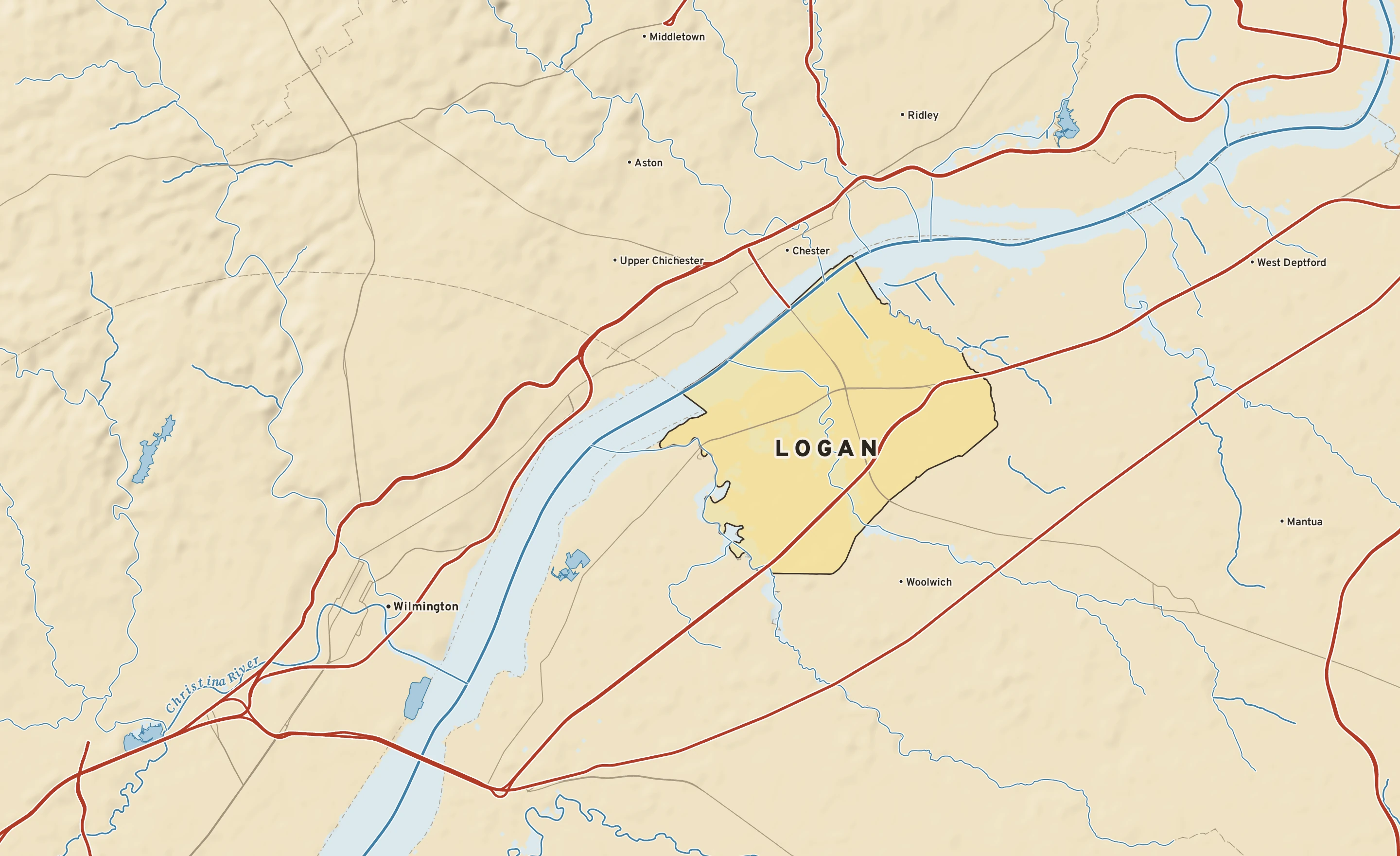 Shaded-relief atlas plate of Logan, New Jersey: rivers, roads, the city limits and where the water drains.