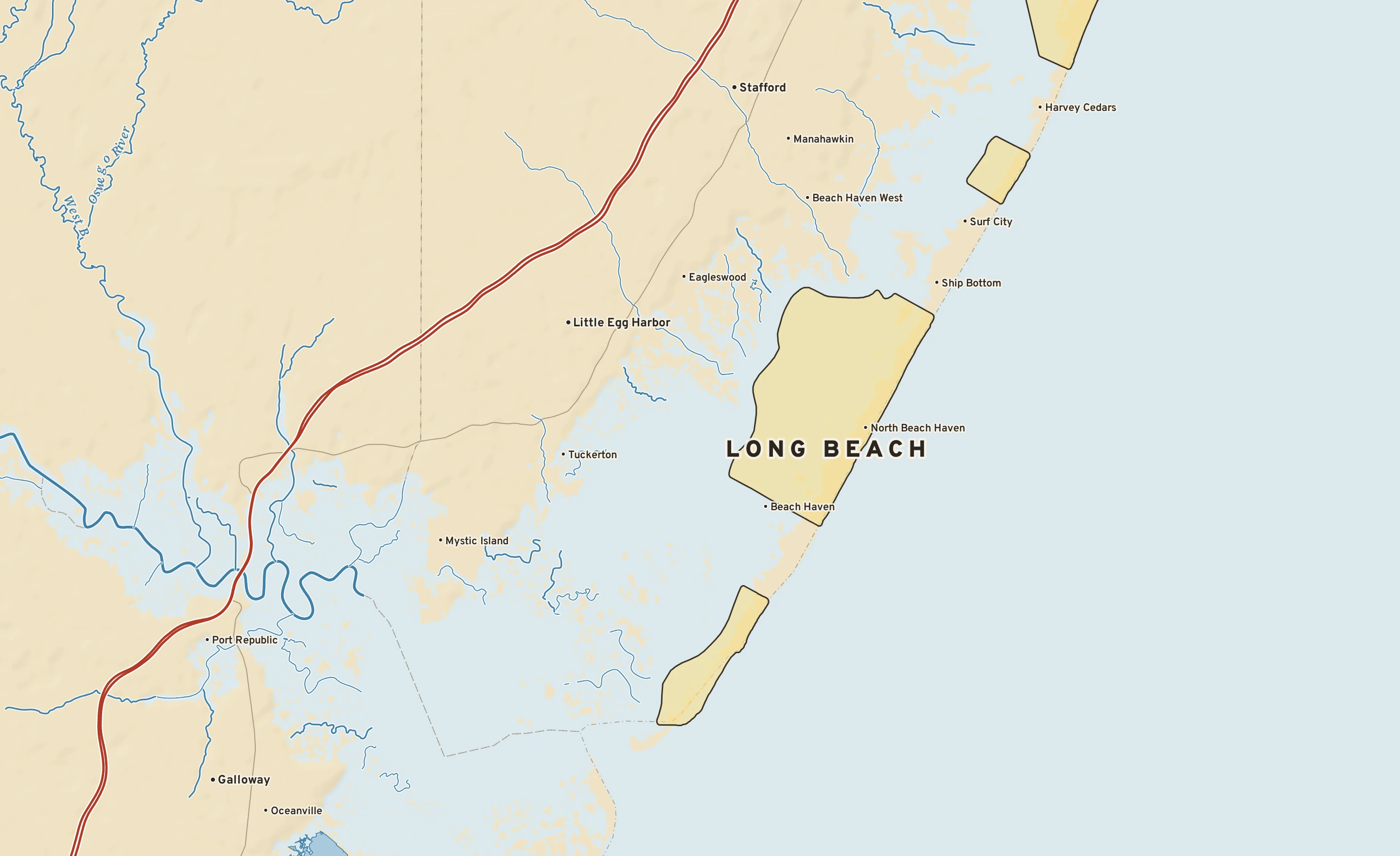 Shaded-relief atlas plate of Long Beach, New Jersey: rivers, roads, the city limits and where the water drains.