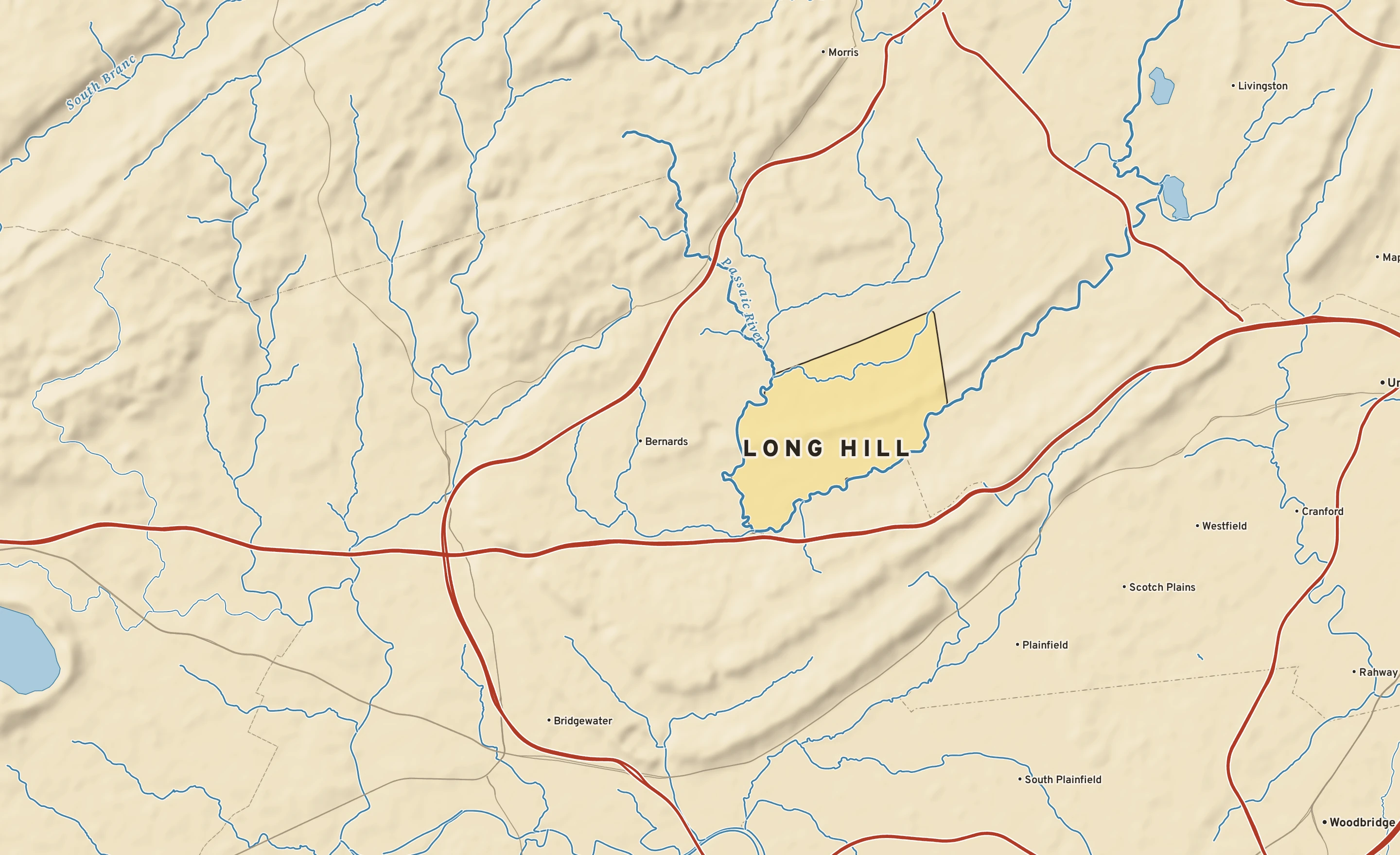 Shaded-relief atlas plate of Long Hill, New Jersey: rivers, roads, the city limits and where the water drains.