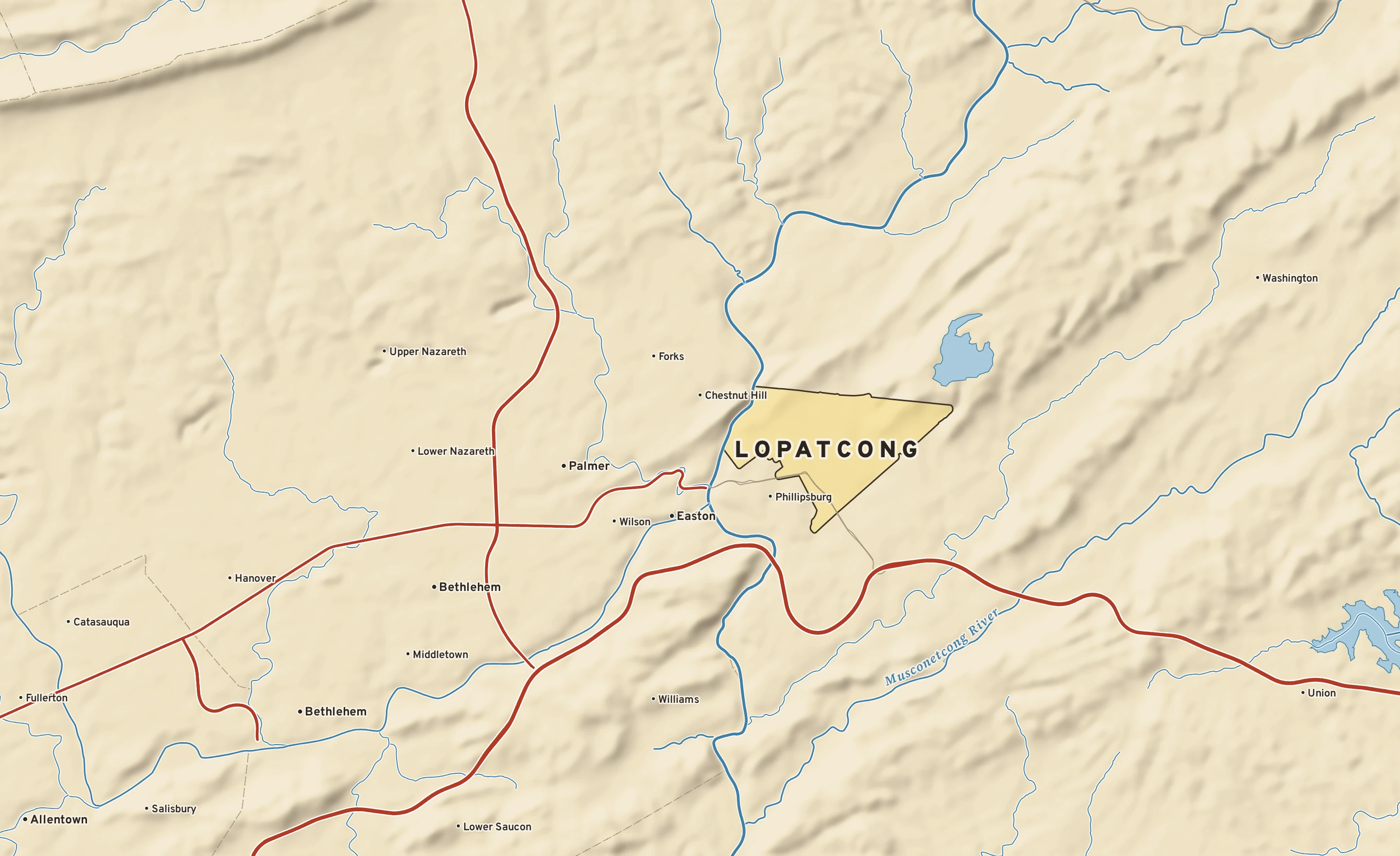 Shaded-relief atlas plate of Lopatcong, New Jersey: rivers, roads, the city limits and where the water drains.