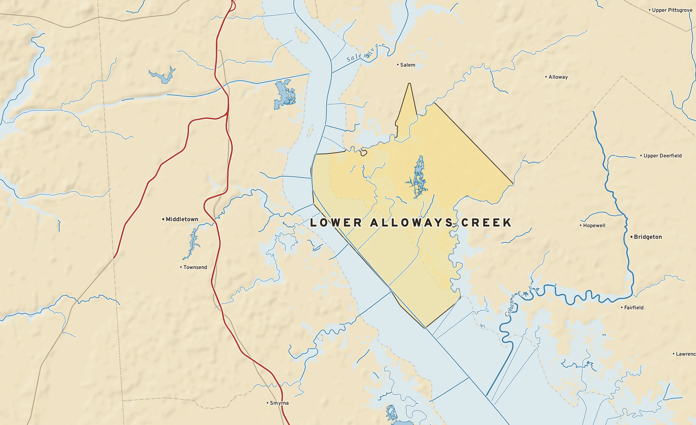Shaded-relief atlas plate of Lower Alloways Creek, New Jersey: rivers, roads, the city limits and where the water drains.